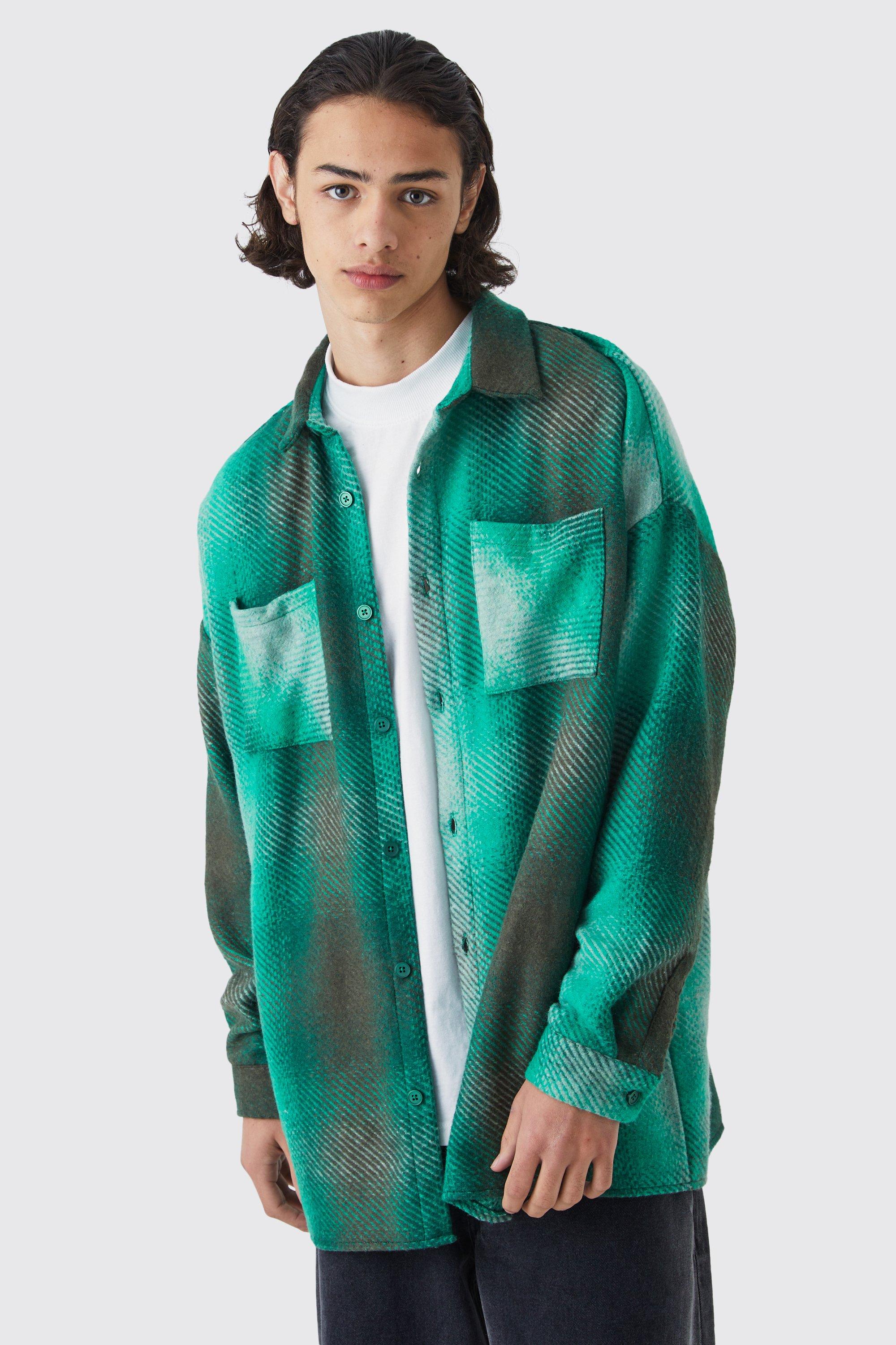 Mens Green Oversized Button Up Ombre Check Overshirt, Green