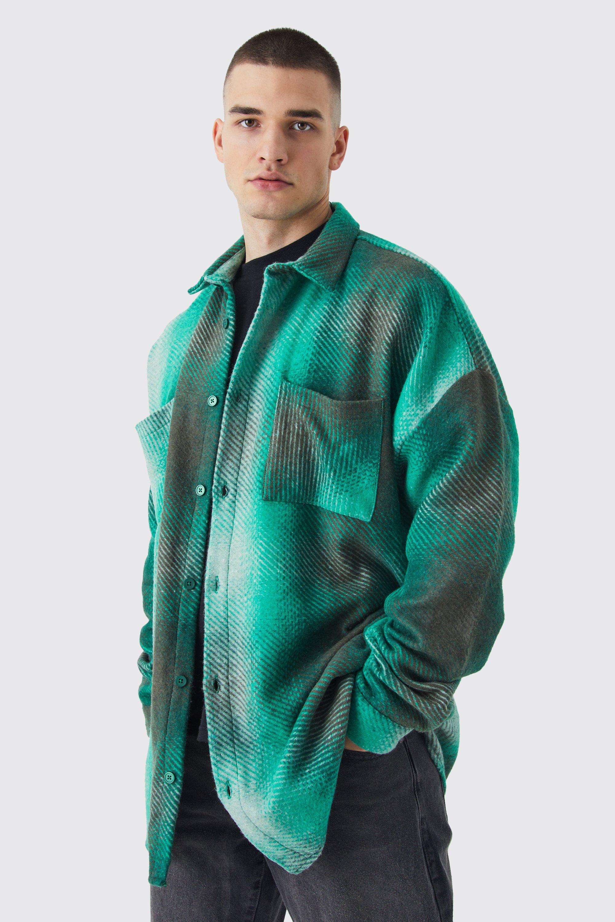 Mens Green Oversized Button Up Ombre Check Overshirt, Green