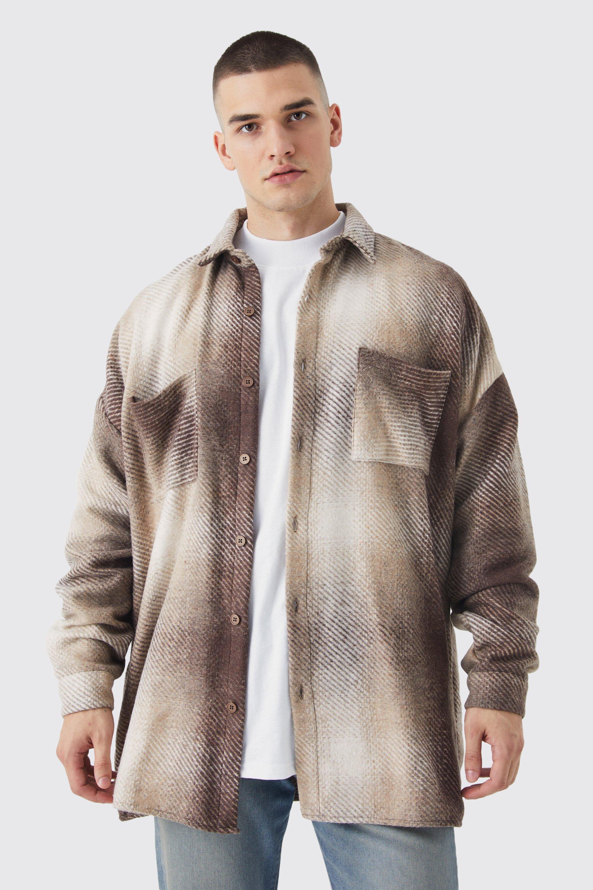 Mens Beige Oversized Button Up Ombre Check Overshirt, Beige