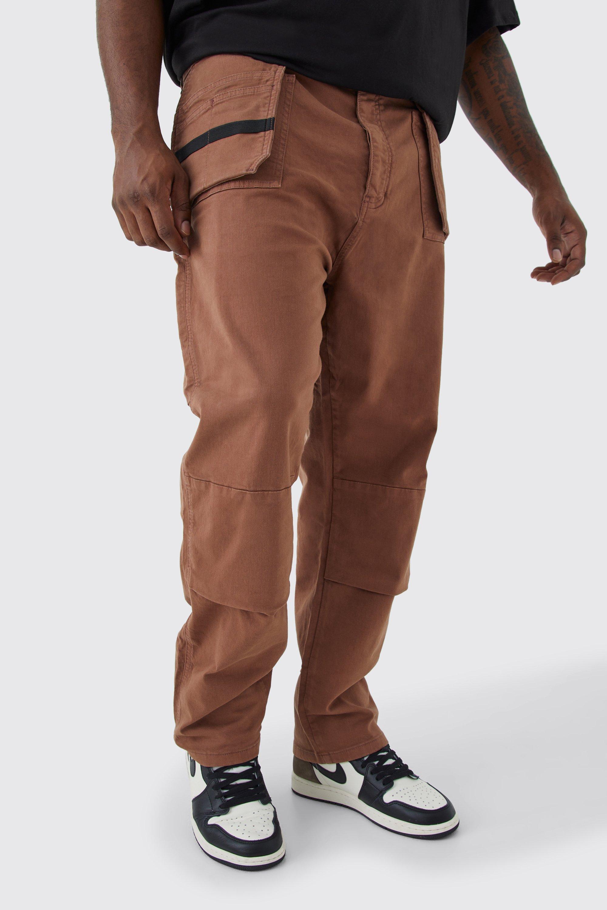 Mens Brown Plus Slim Fit Strap Detail Cargo Trouser, Brown