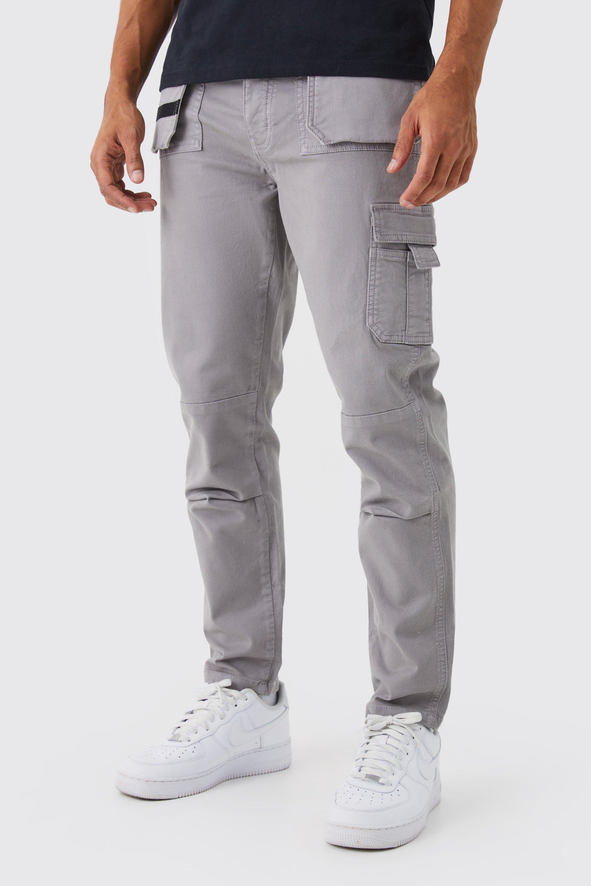 Mens Grey Slim Fit Strap Detail Cargo Trouser, Grey