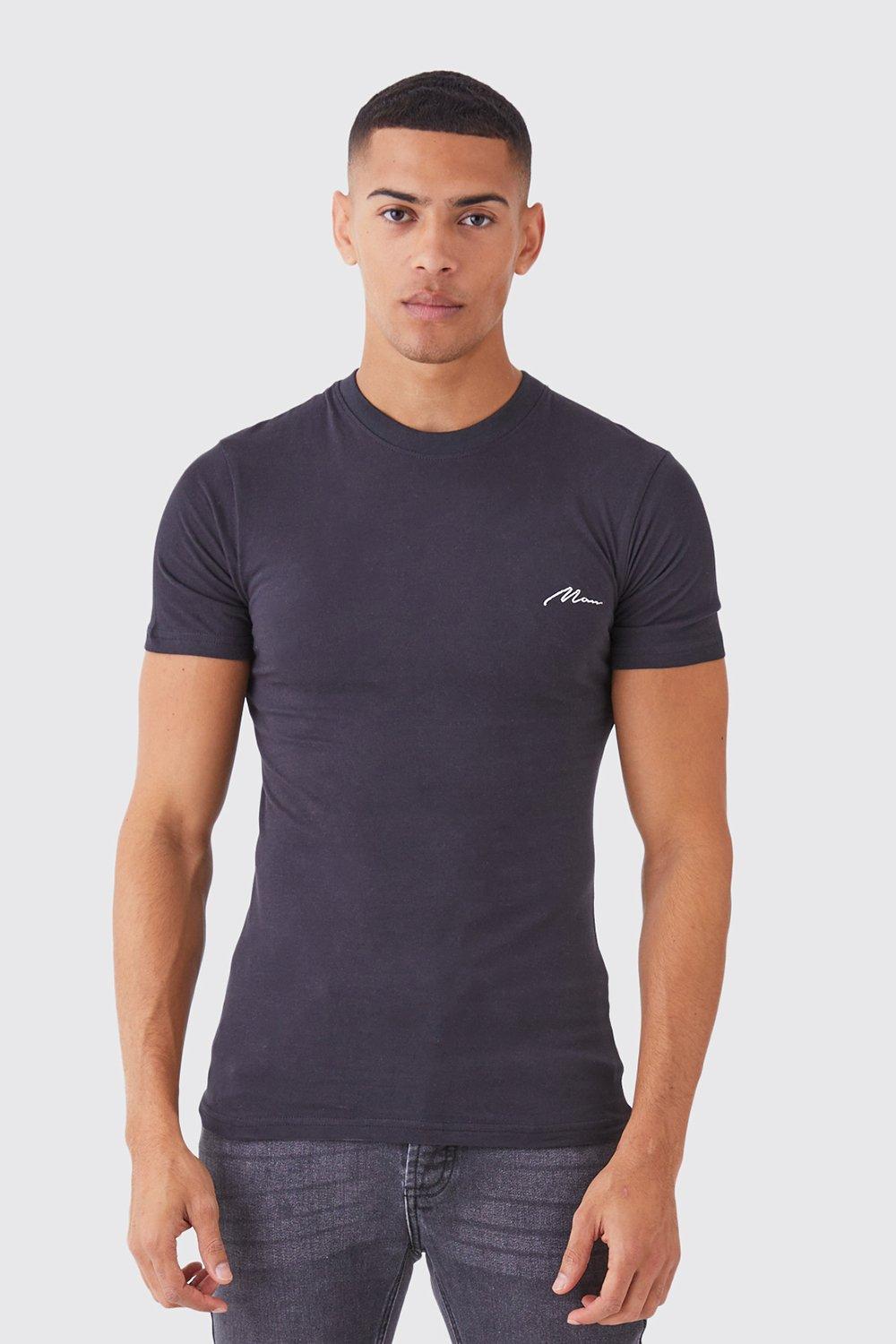 Mens Black Man Signature Embroidered Muscle Fit T-Shirt, Black