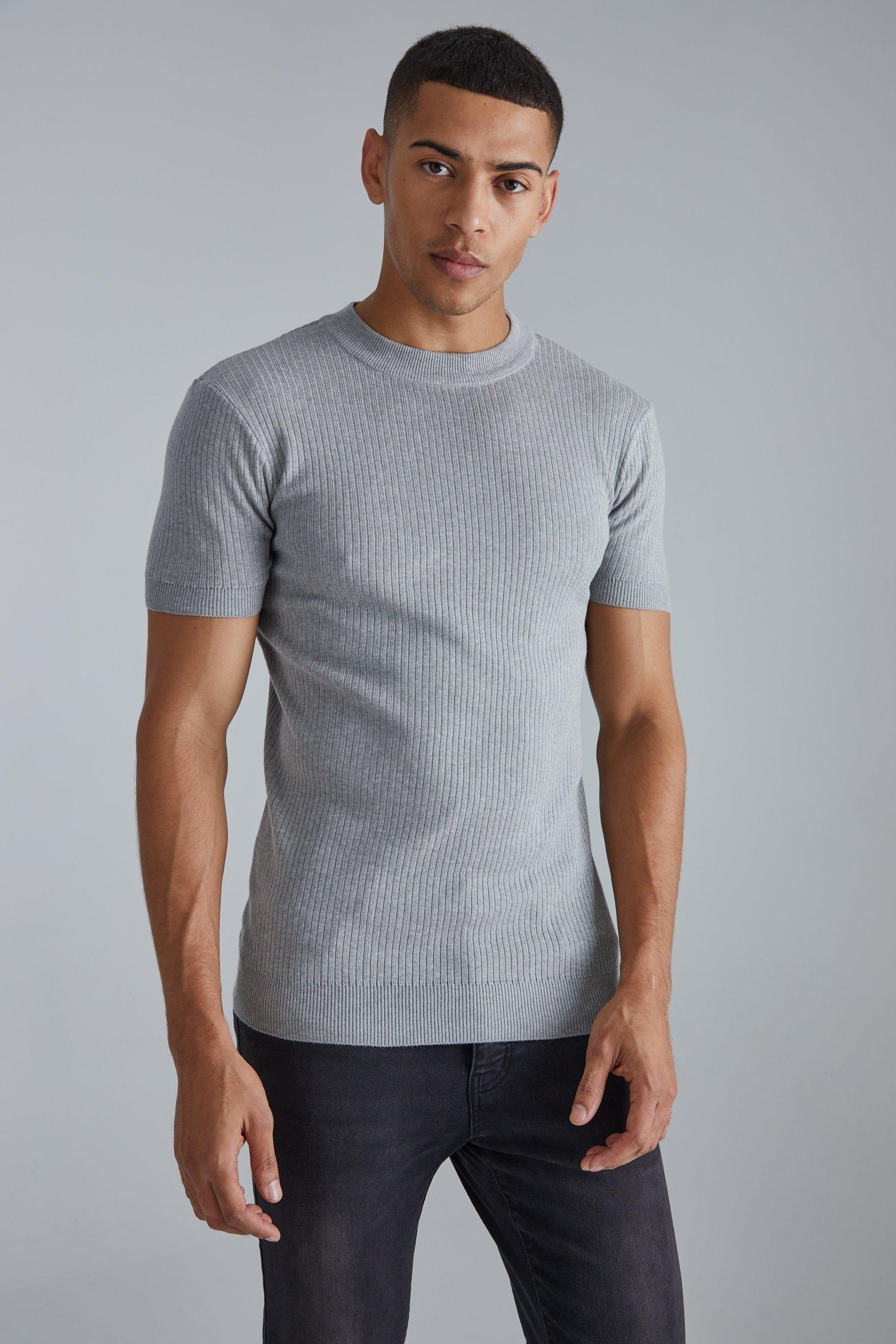 Image of T-shirt attillata in maglia a coste a maniche corte con girocollo esteso, Grigio