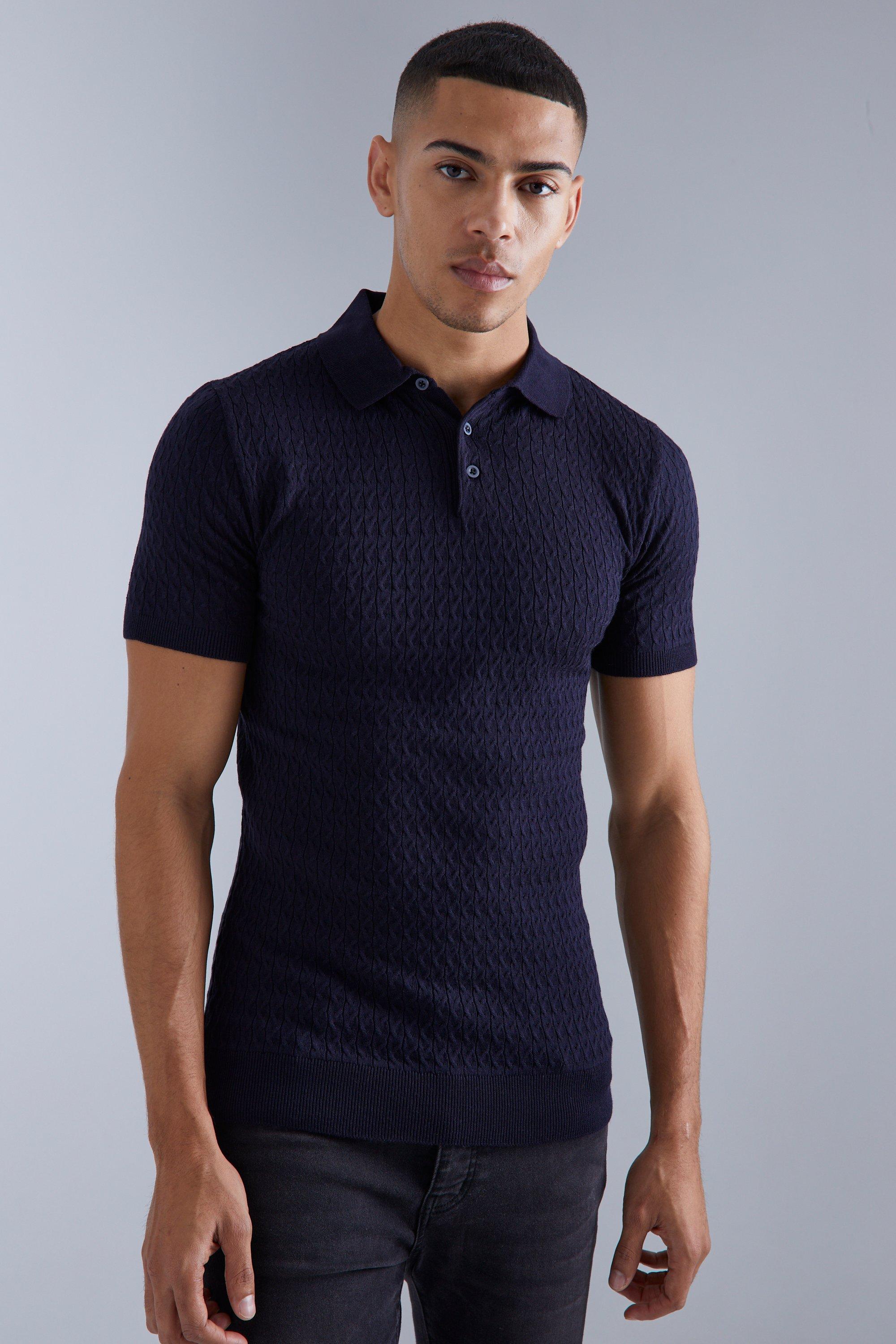 Mens Navy Muscle Short Sleeve Cable Polo, Navy