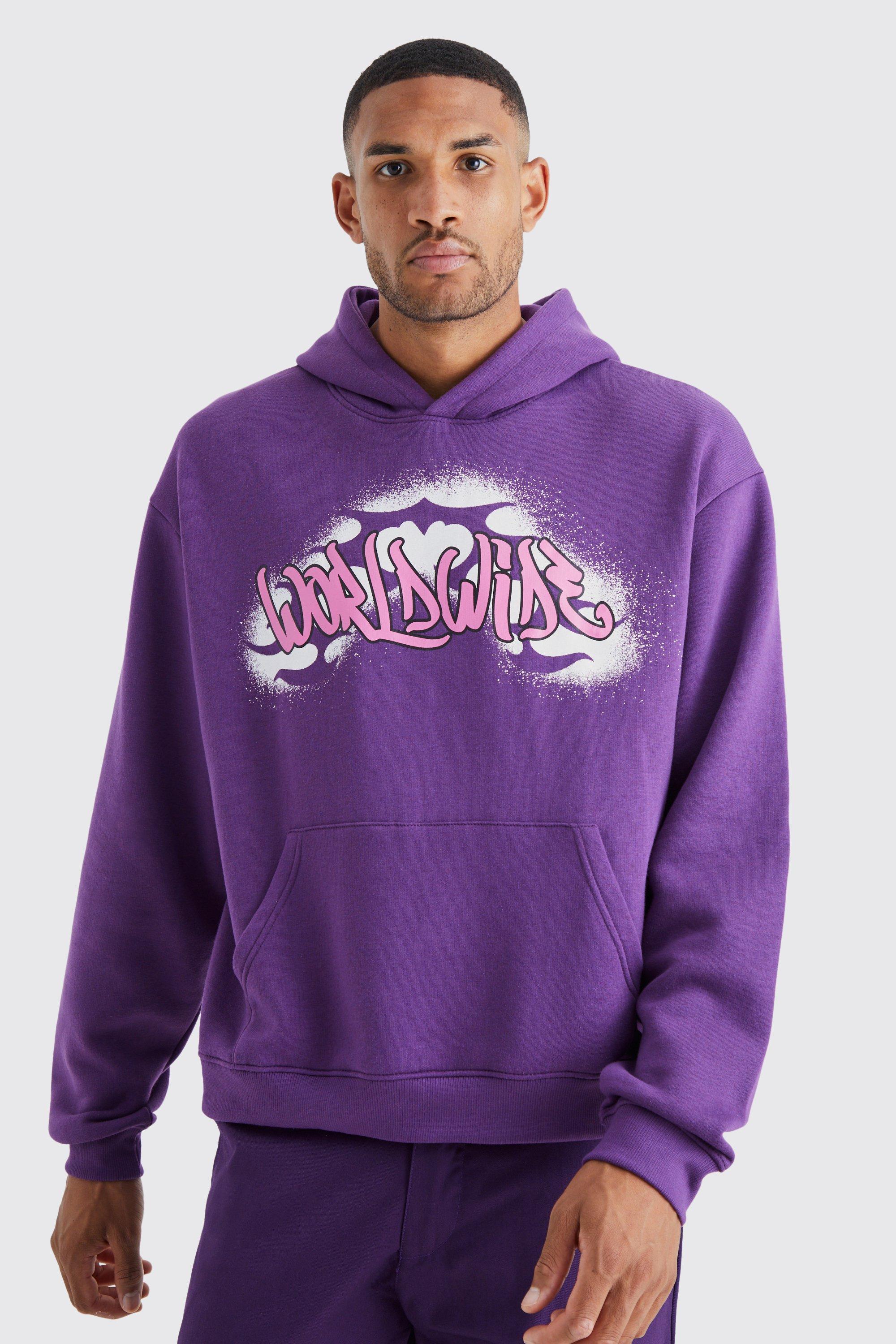 Mens Purple Tall Oversized Boxy Official Hoodie, Purple