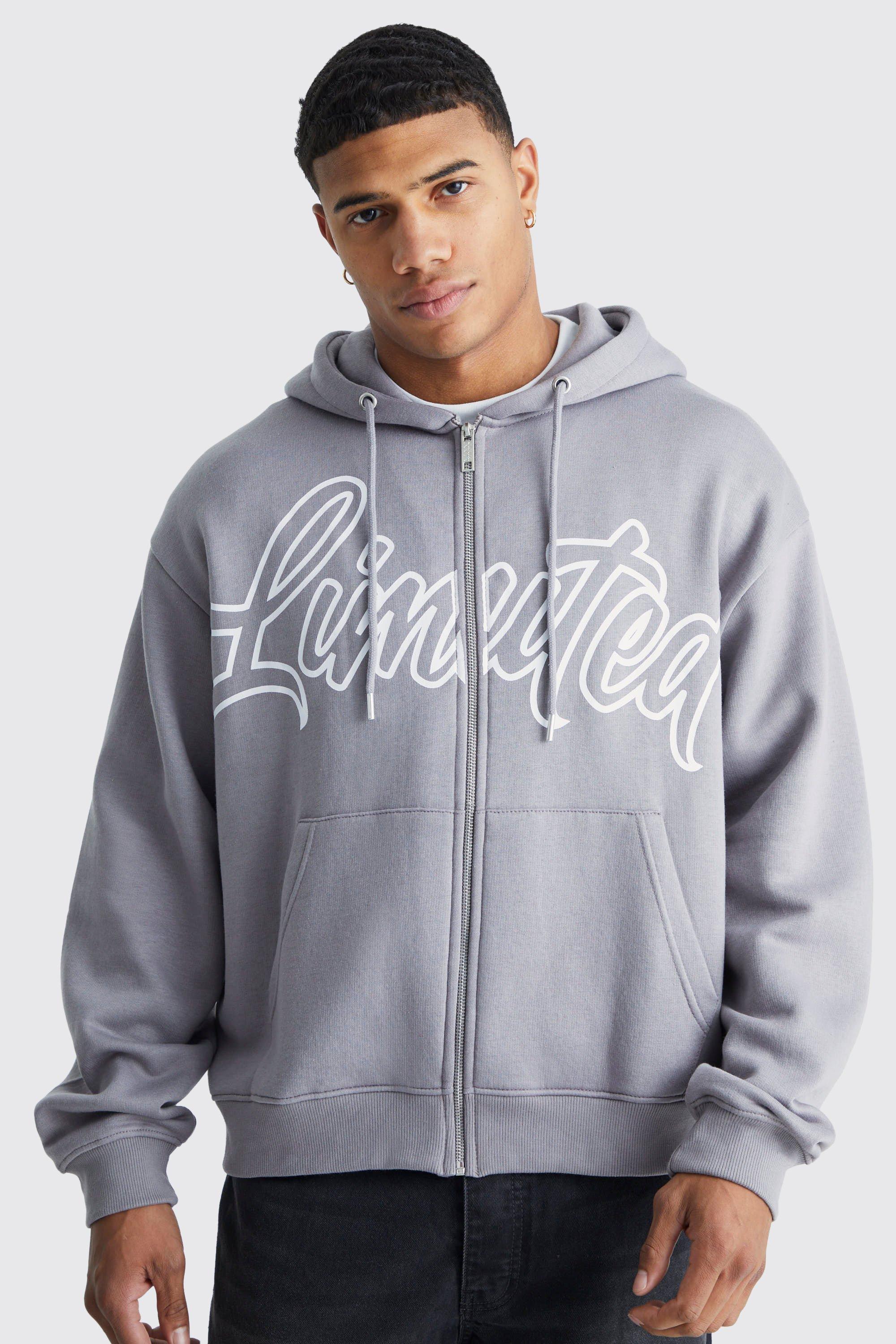 Mens Grey Oversized Boxy Zip Through Limited Hoodie, Grey