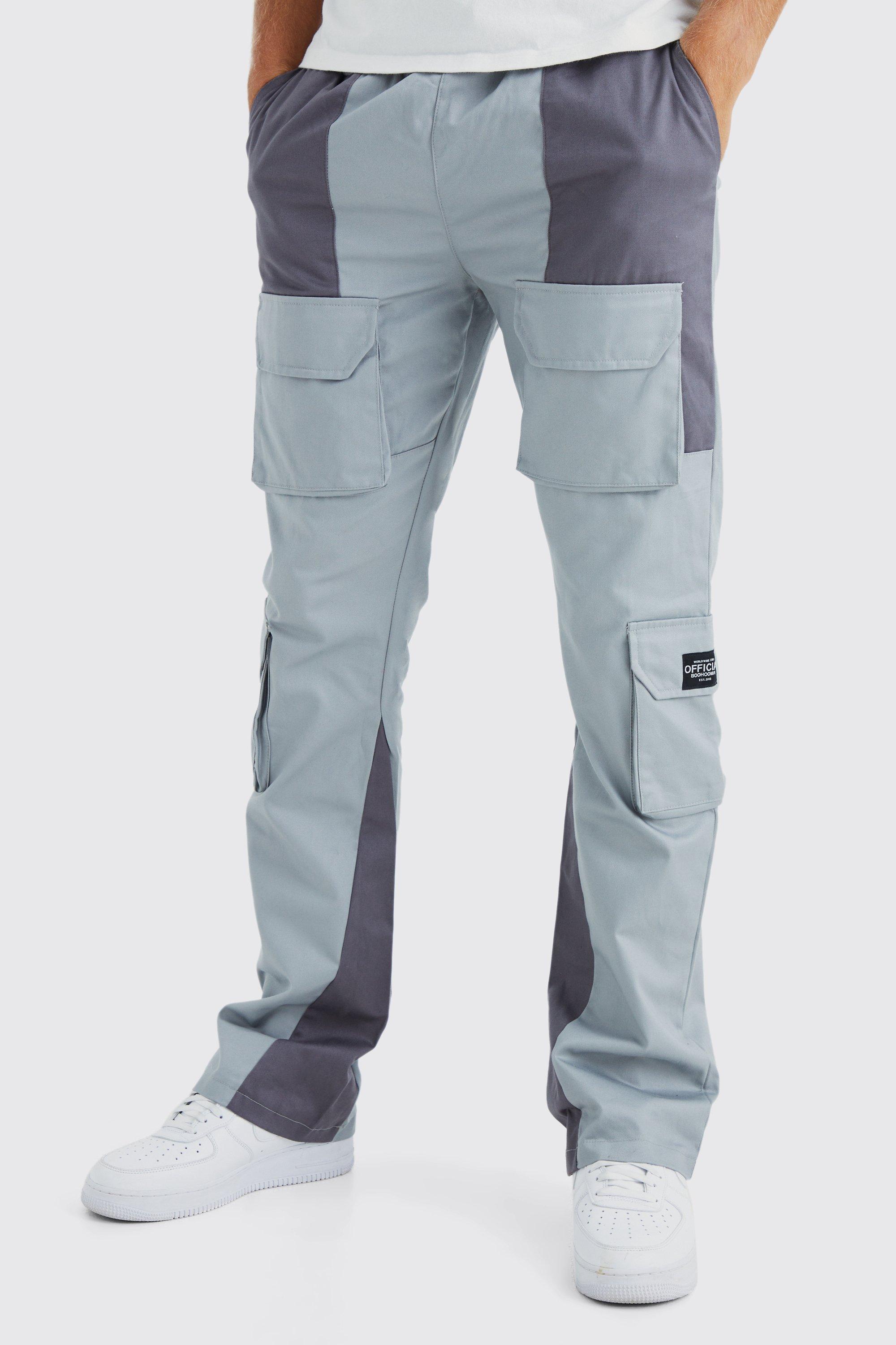 Mens Grey Tall Slim Flare Multi Cargo Colour Block Trouser, Grey