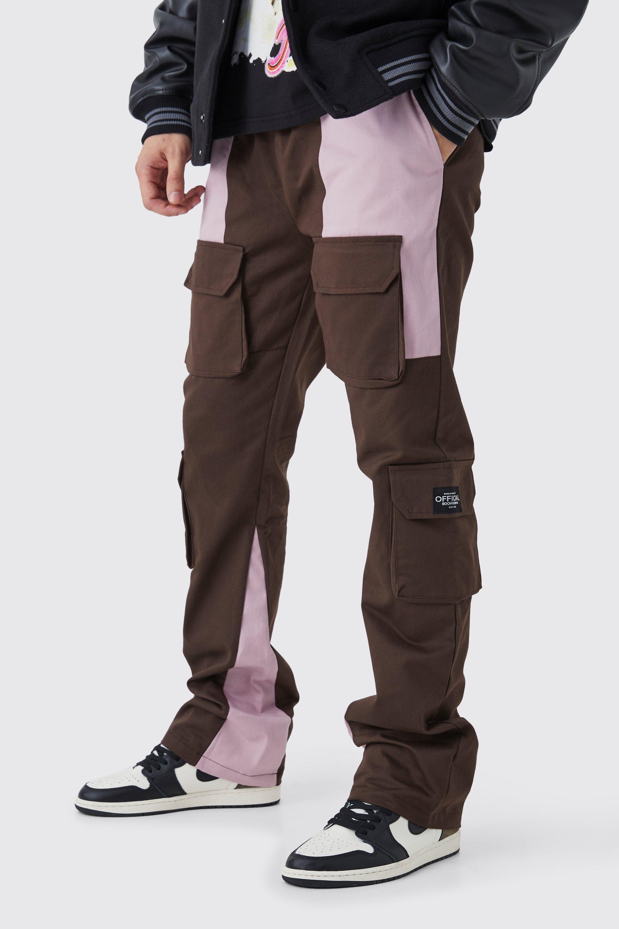 Mens Brown Tall Slim Flare Multi Cargo Colour Block Trouser, Brown