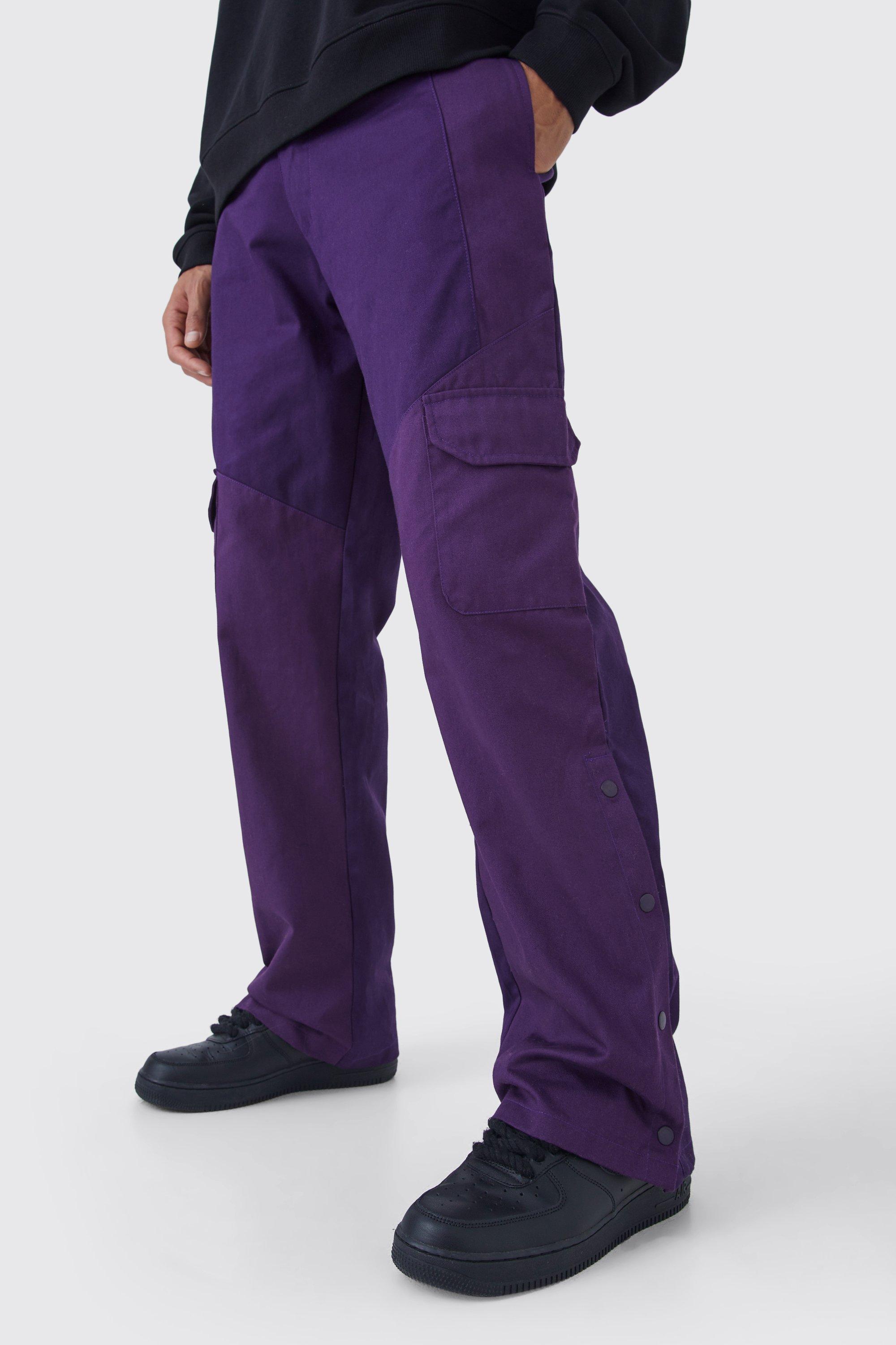 Mens Purple Tall Slim Fit Colour Block Cargo Trouser With Woven Tab, Purple