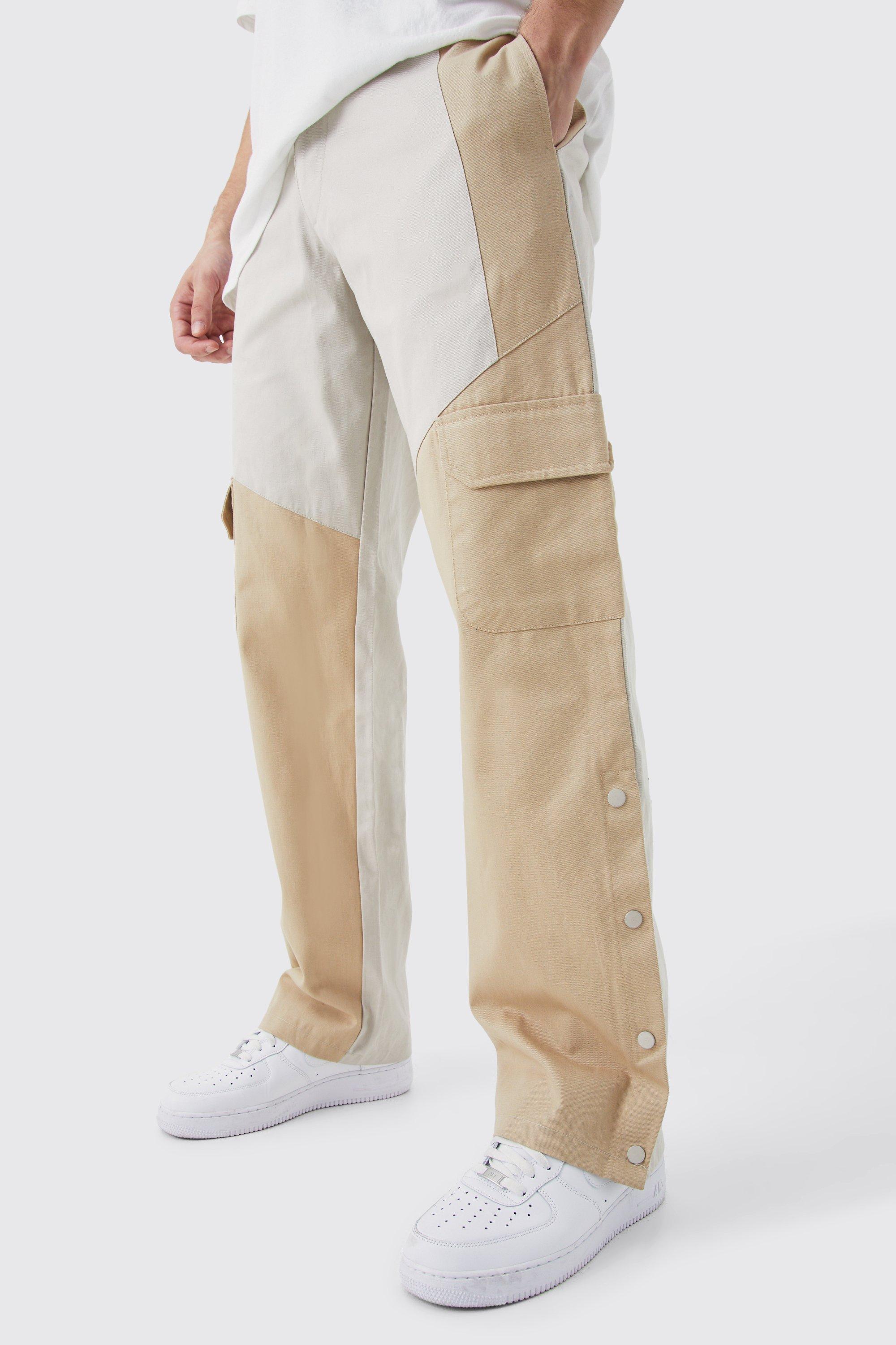 Mens Beige Tall Slim Fit Colour Block Cargo Trouser With Woven Tab, Beige