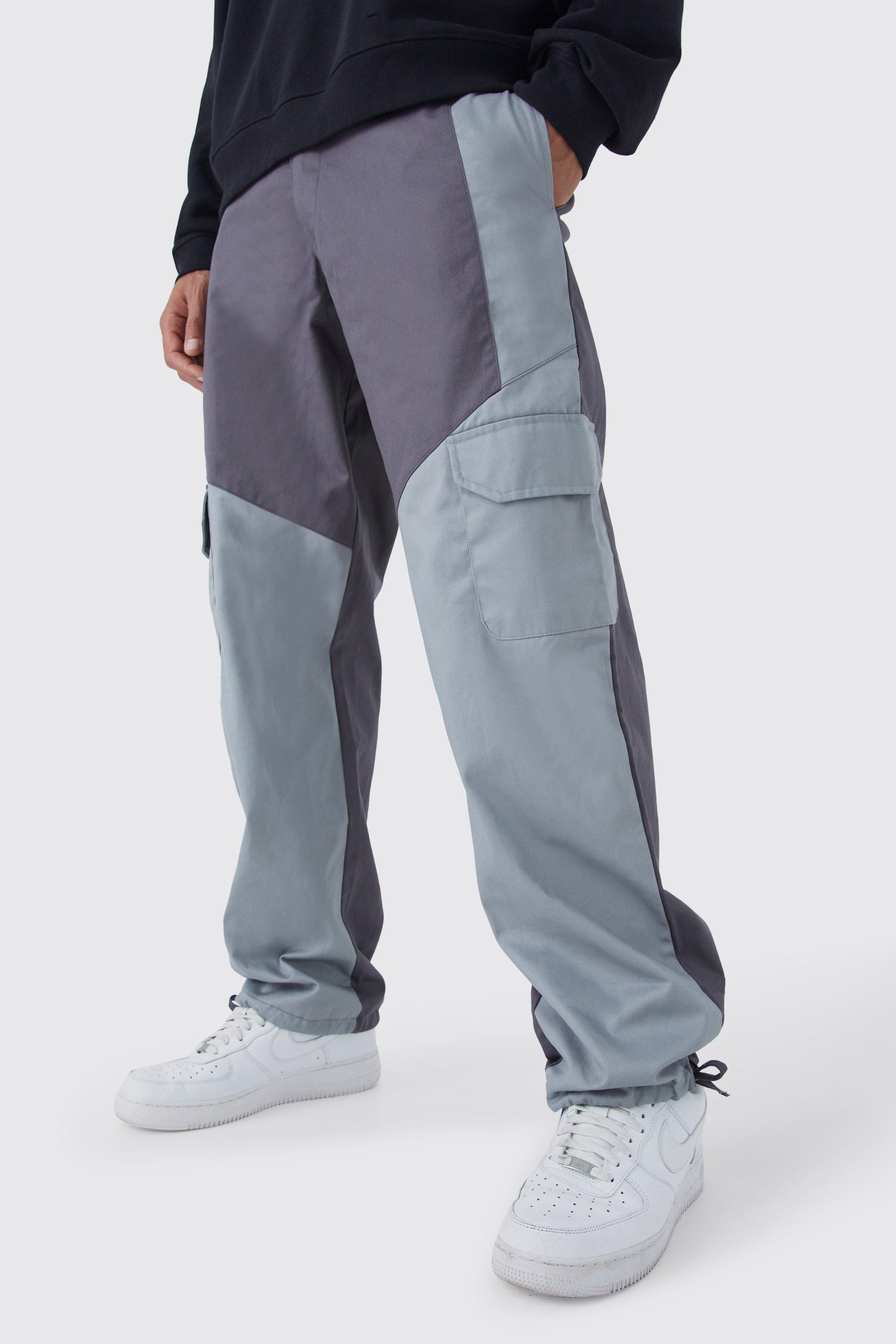 Mens Grey Tall Slim Fit Colour Block Cargo Trouser With Woven Tab, Grey