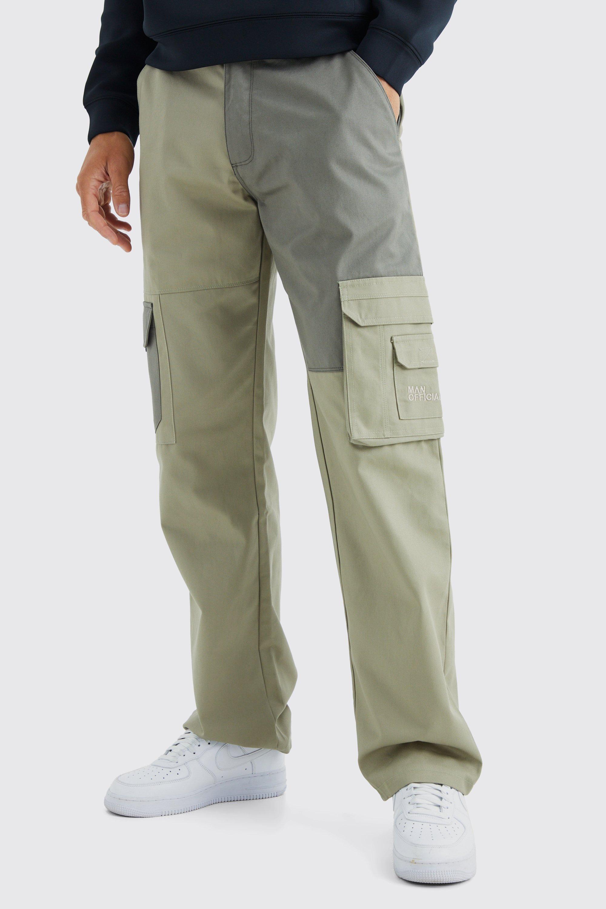 Mens Green Tall Relaxed Fit Colour Block Tonal Branded Cargo Trouser, Green
