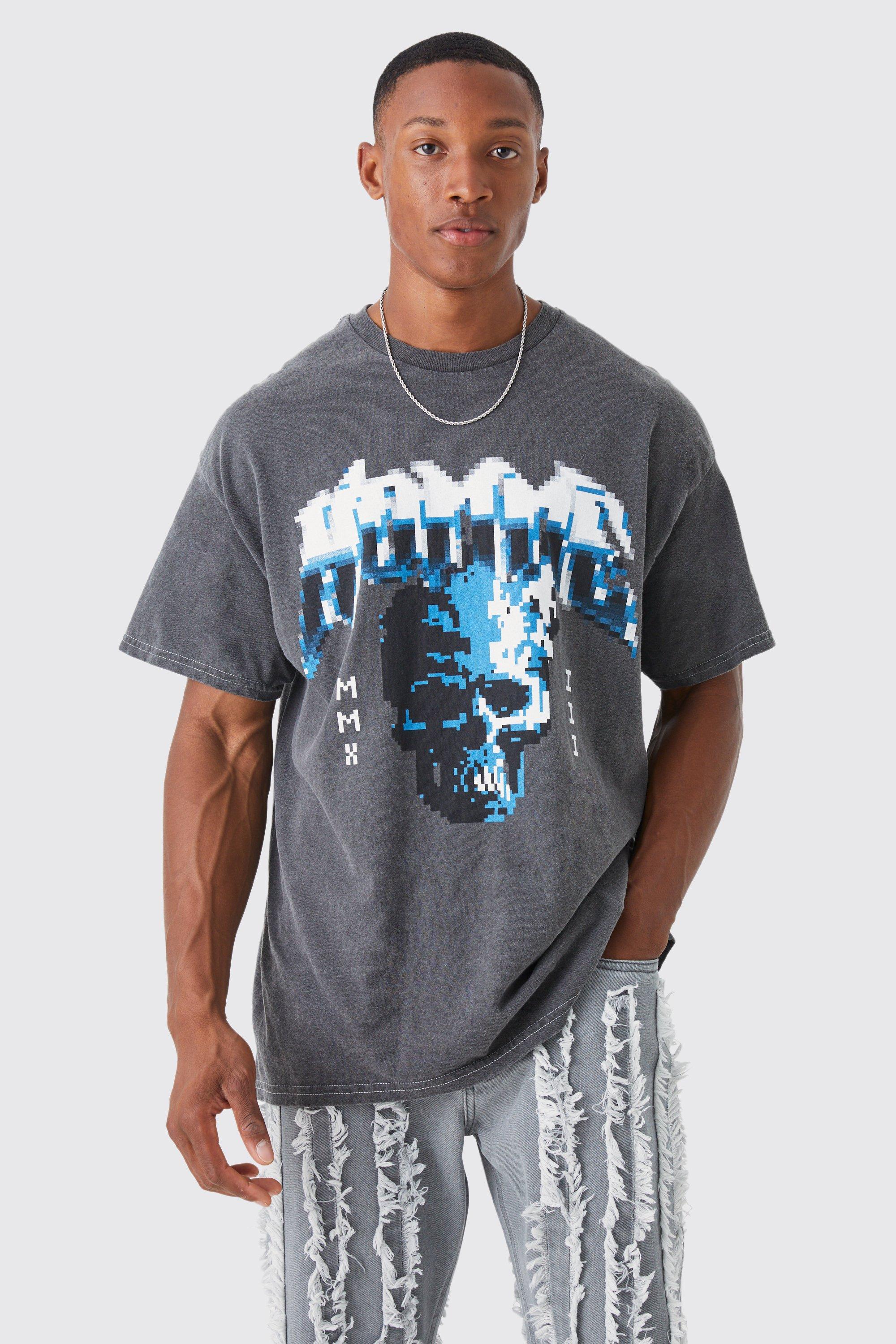 Mens Grey Oversized Overdyed Pixilated Homme Graphic T-shirt, Grey