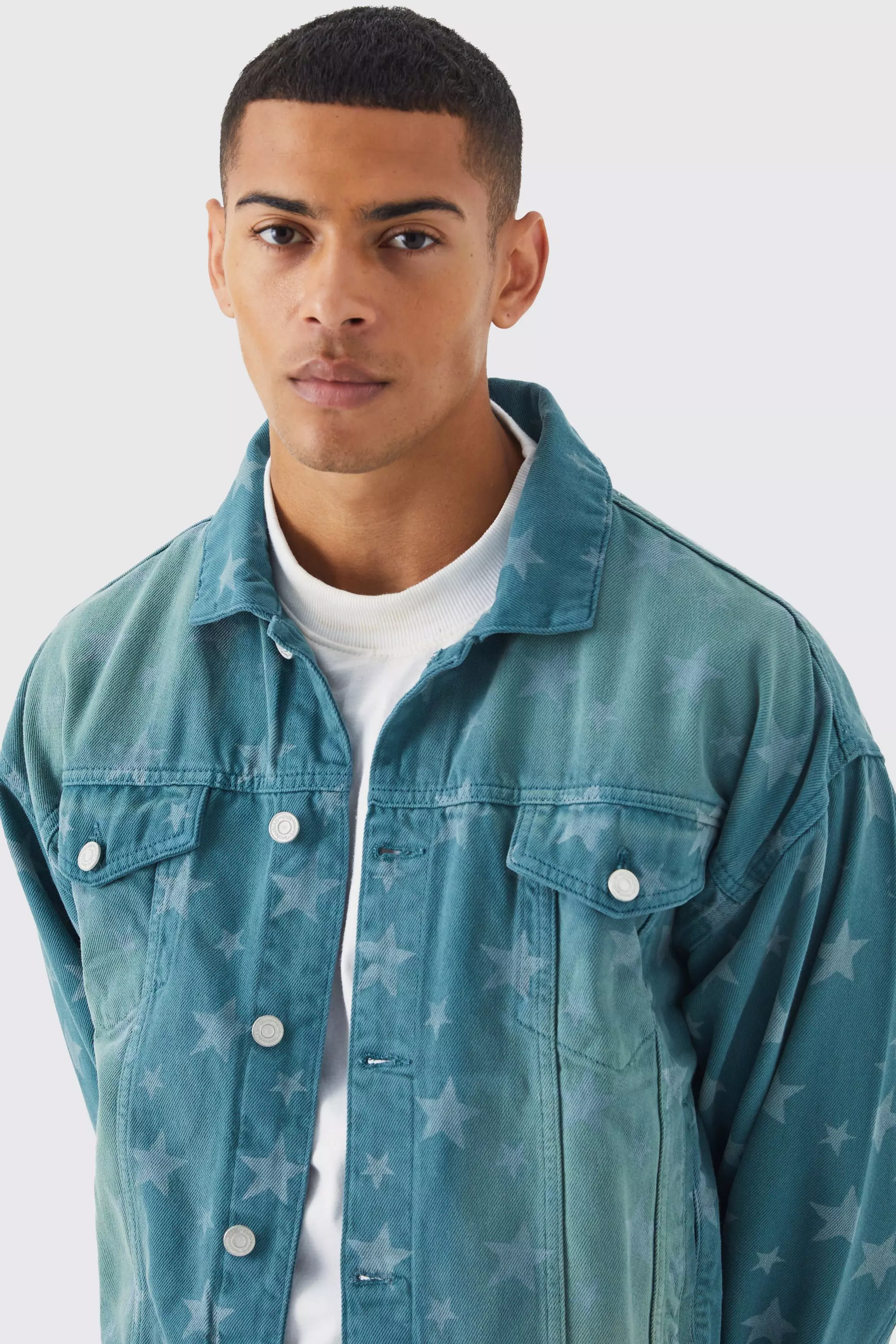 Boxy Fit All Over Star Laser Print Denim Jacket | boohooMAN UK