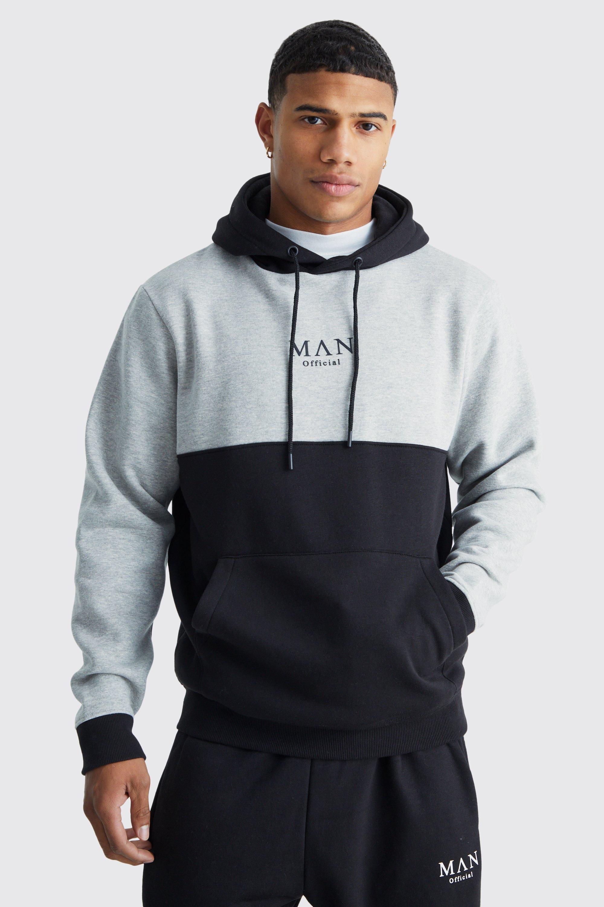 Mens Black Man Roman Tape Colour Block Hooded Tracksuit, Black