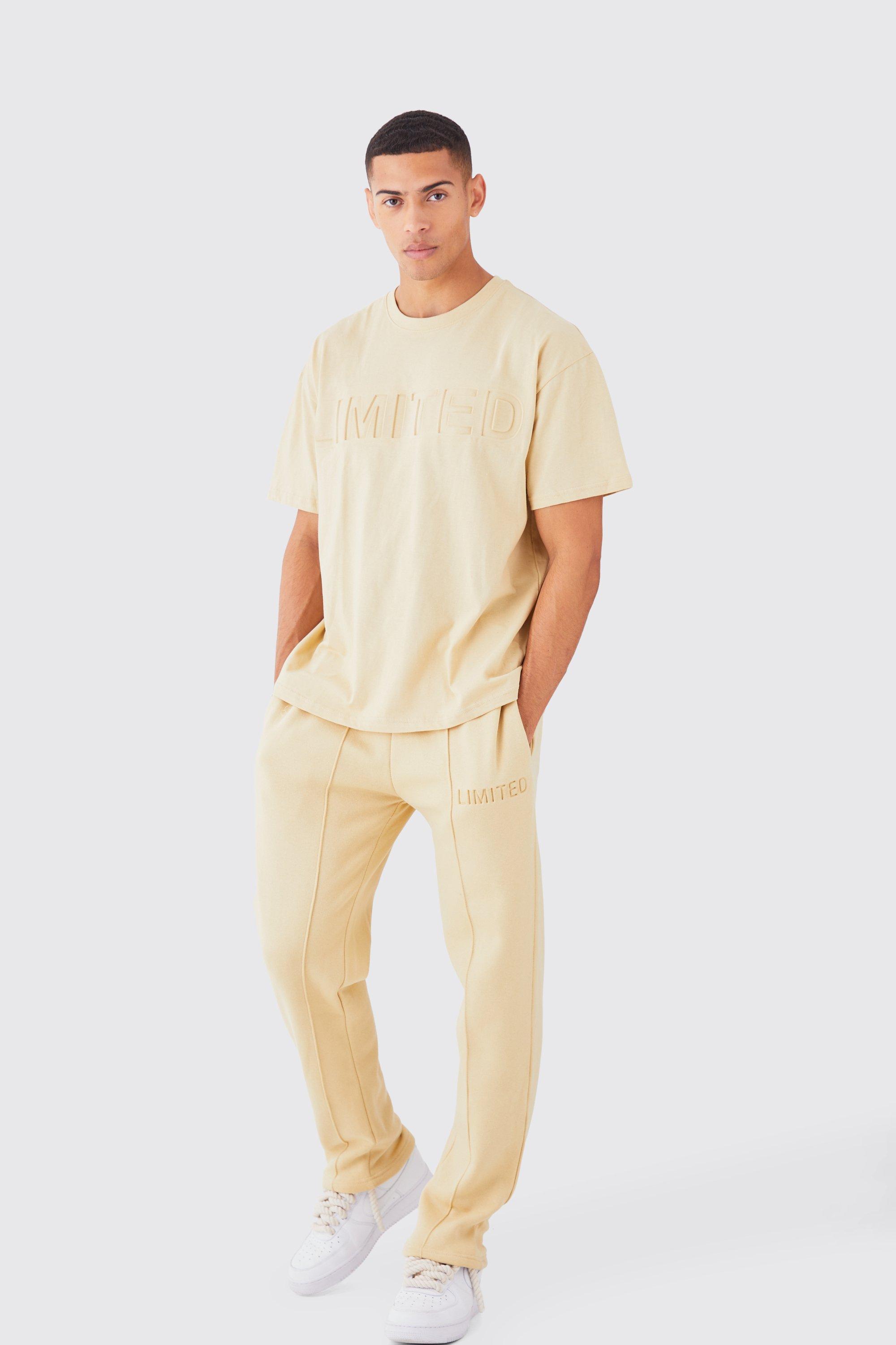 Mens Beige Limited Embossed Stacked T-shirt Tracksuit, Beige