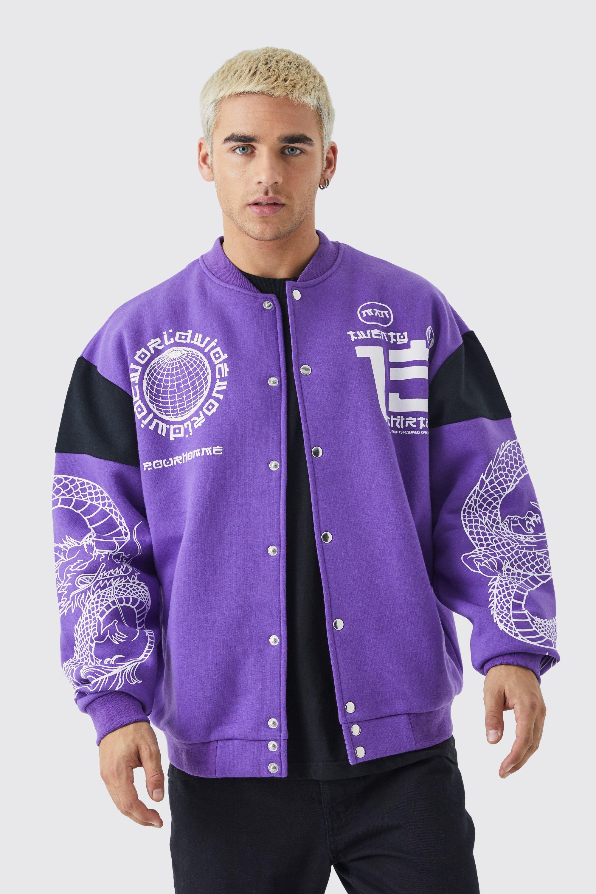 Mens Purple Oversized Jersey Bomber With Foil Print