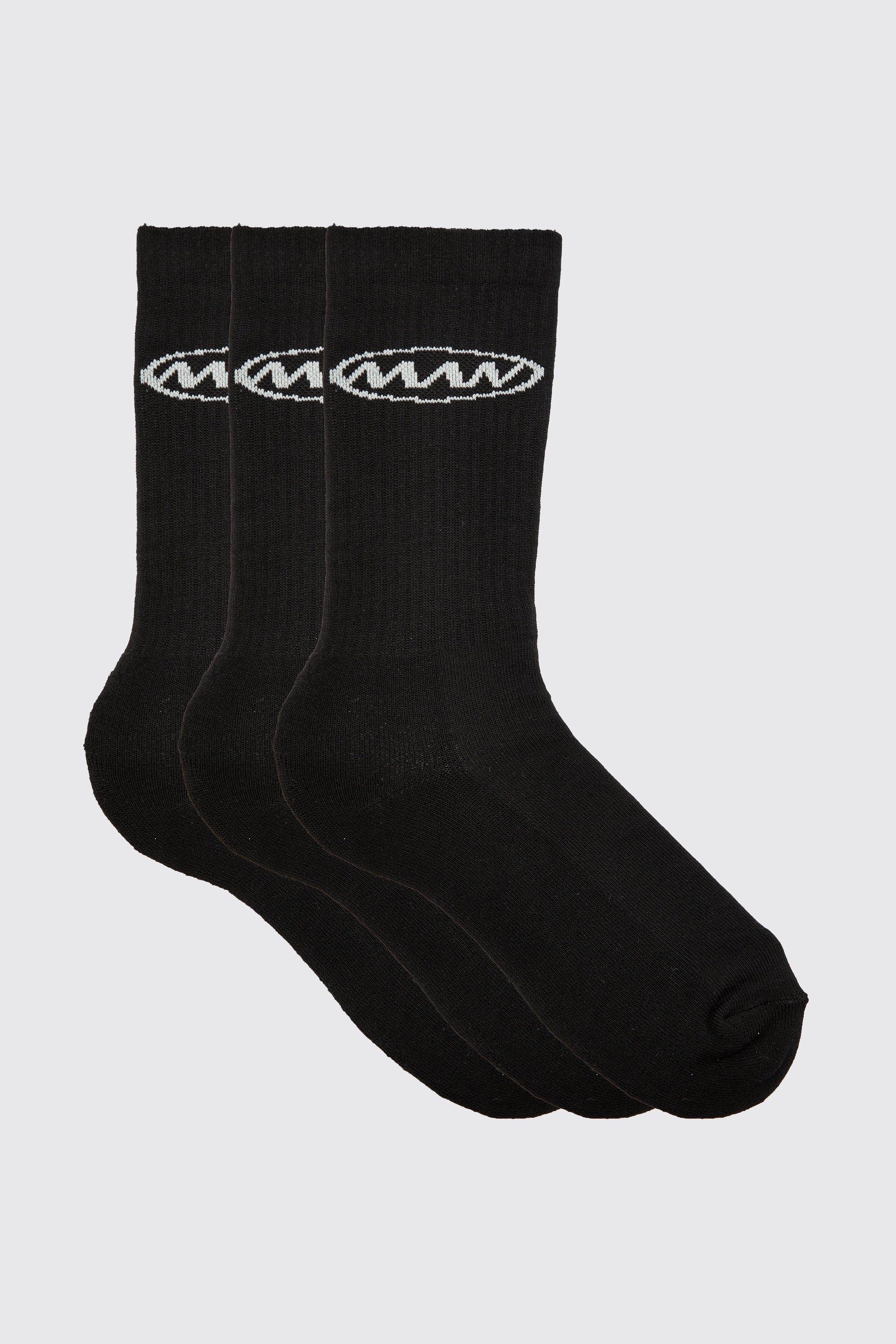 Mens Black 3 Pack Man Logo Sports Socks, Black