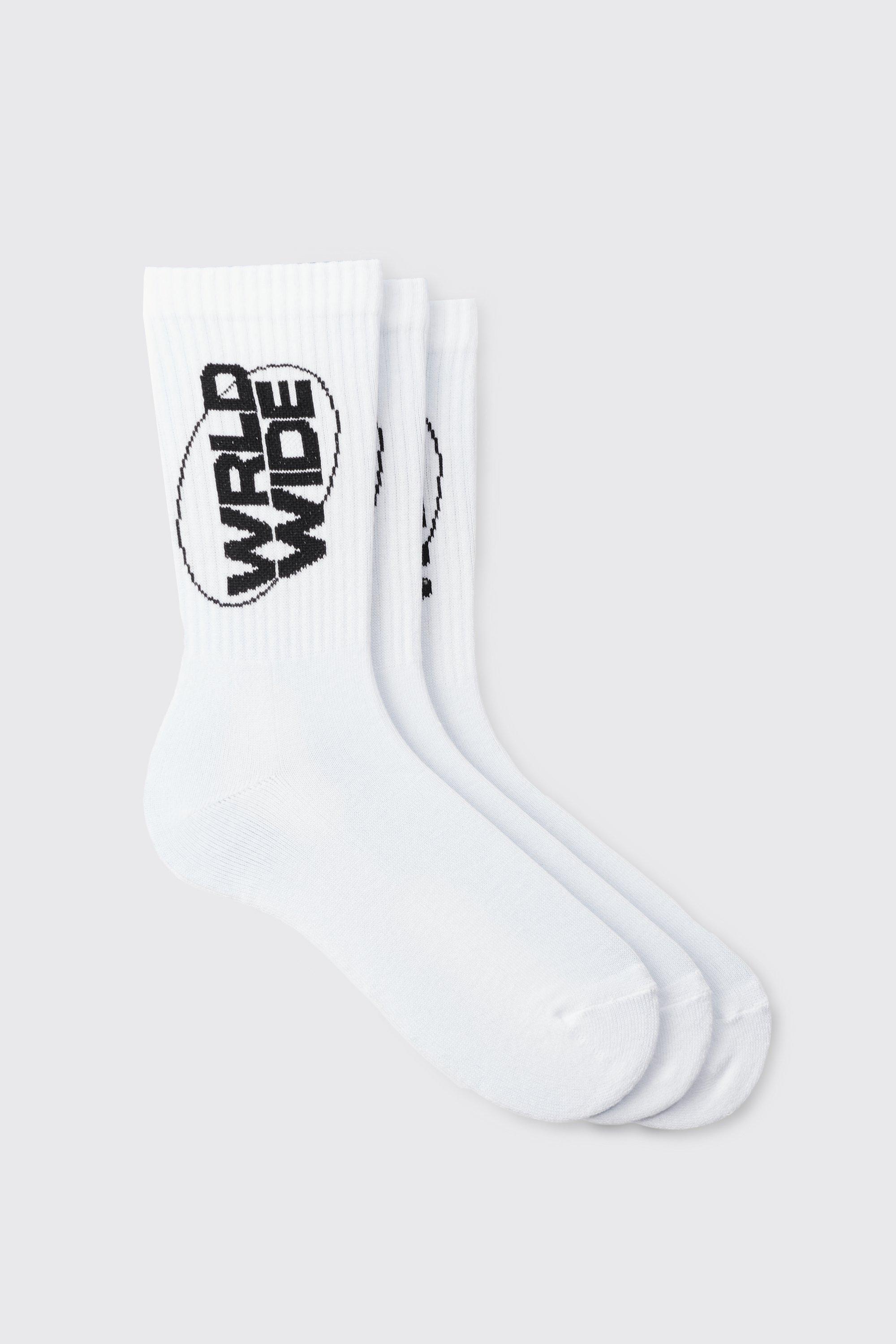 Mens White 3 Pack Worldwide Logo Sports Socks, White