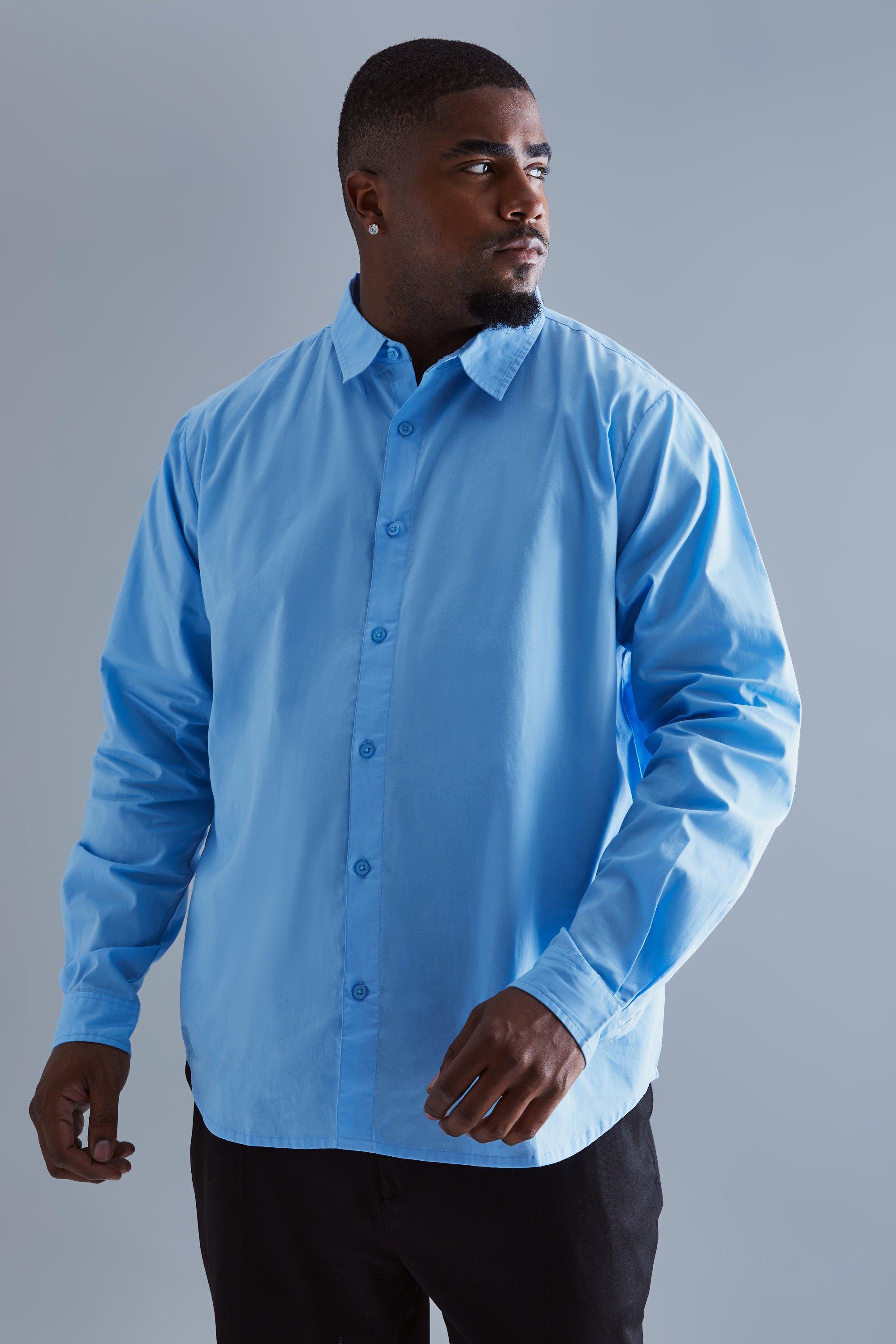 Mens Blue Plus Peached Poplin Long Sleeve Shirt, Blue