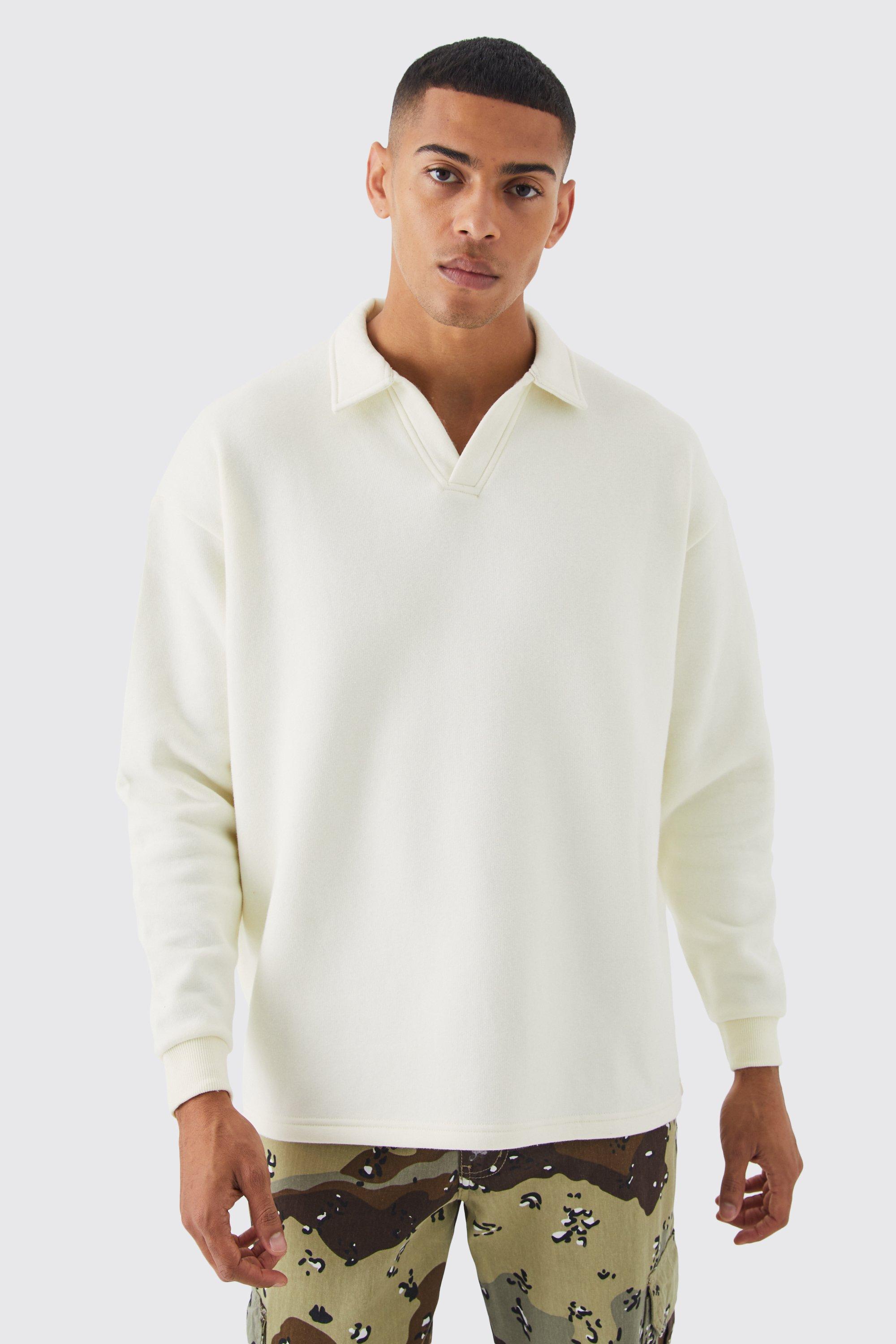 Mens Cream Oversized Revere Neck Rugby Polo, Cream