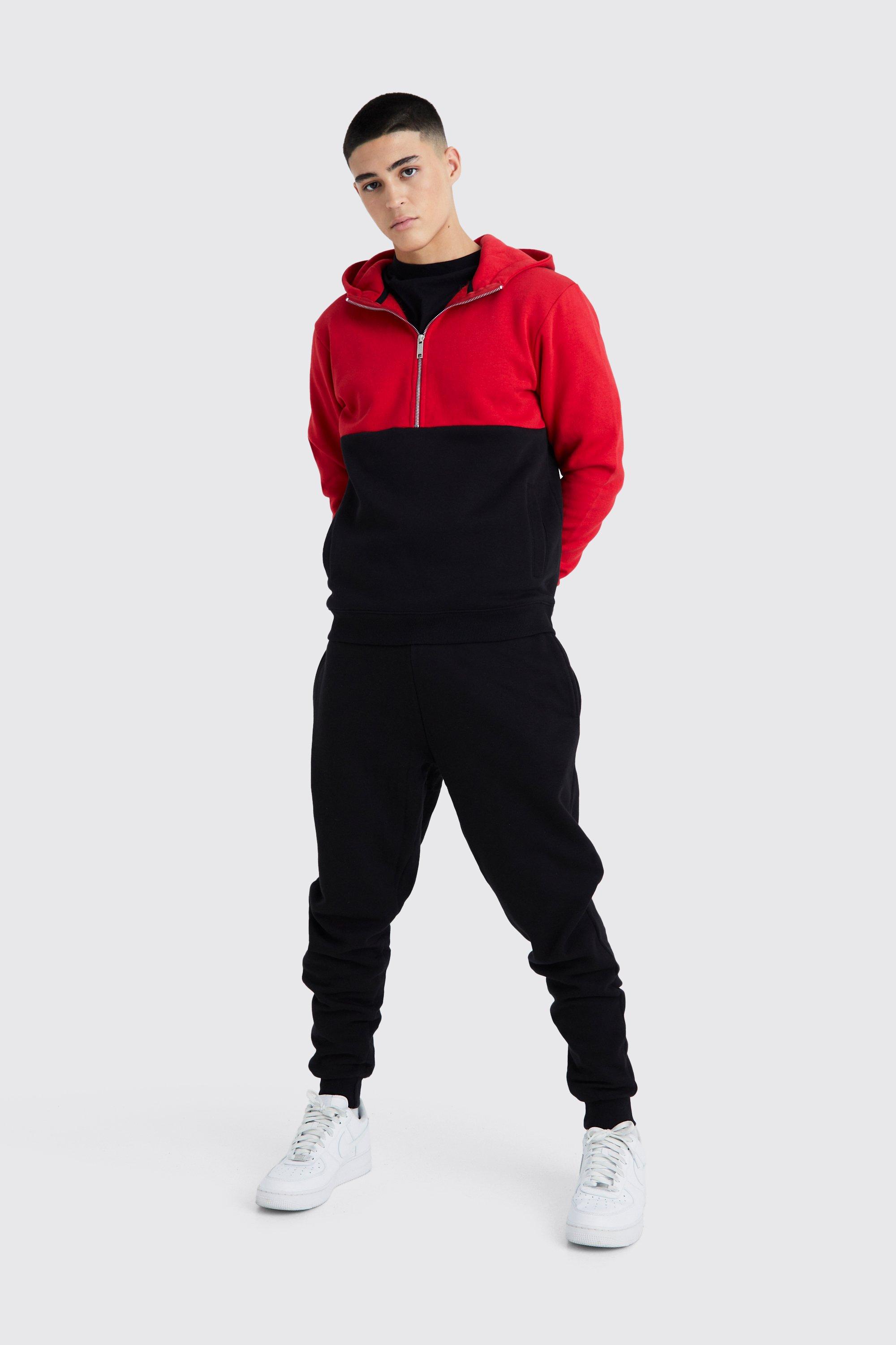 Mens Red Slim Fit Colour Block Half Zip Tracksuit, Red