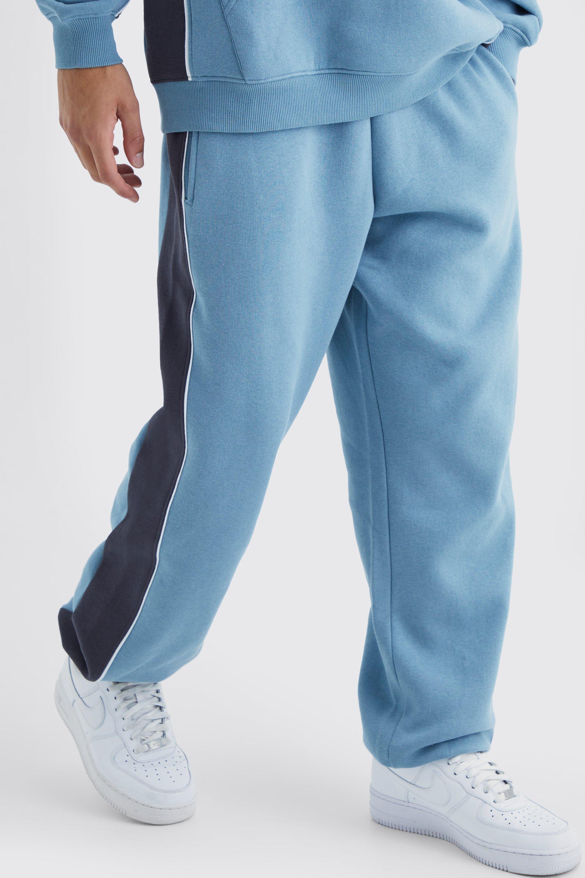 Mens Blue Oversized Colour Block Piped Joggers, Blue