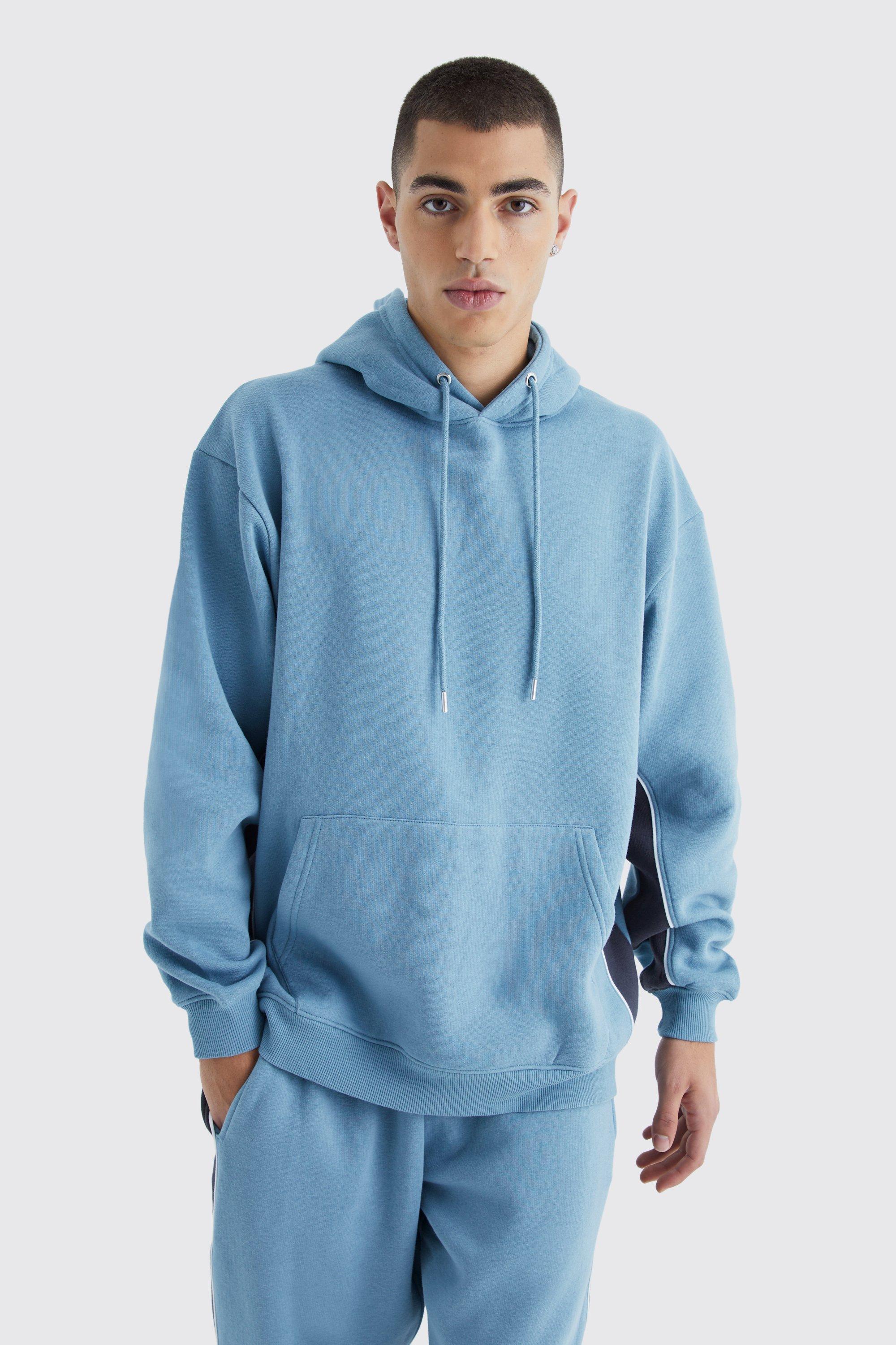 Mens Blue Oversized Colour Block Piped Hoodie, Blue