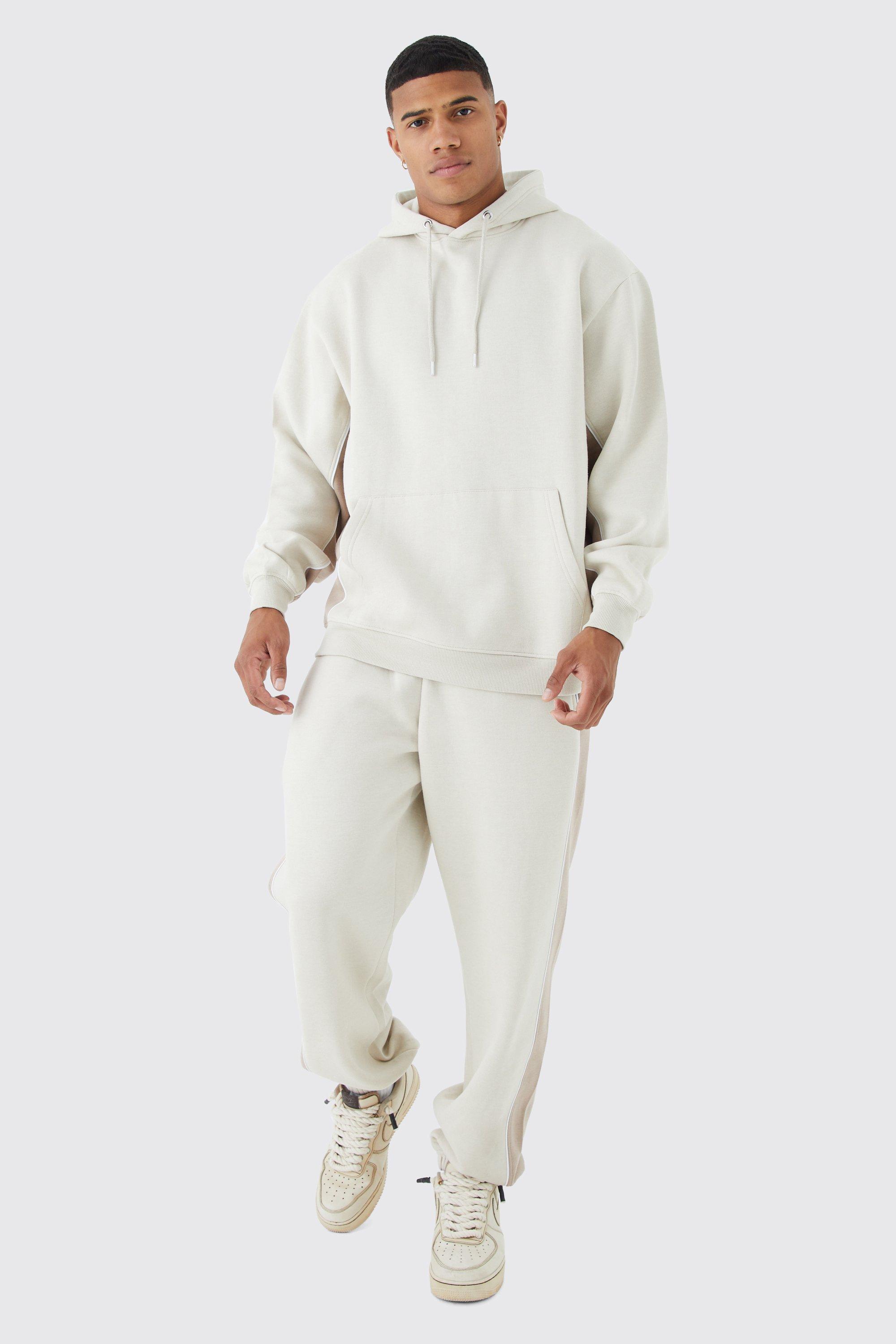 Mens Beige Oversized Colour Block Piped Tracksuit, Beige
