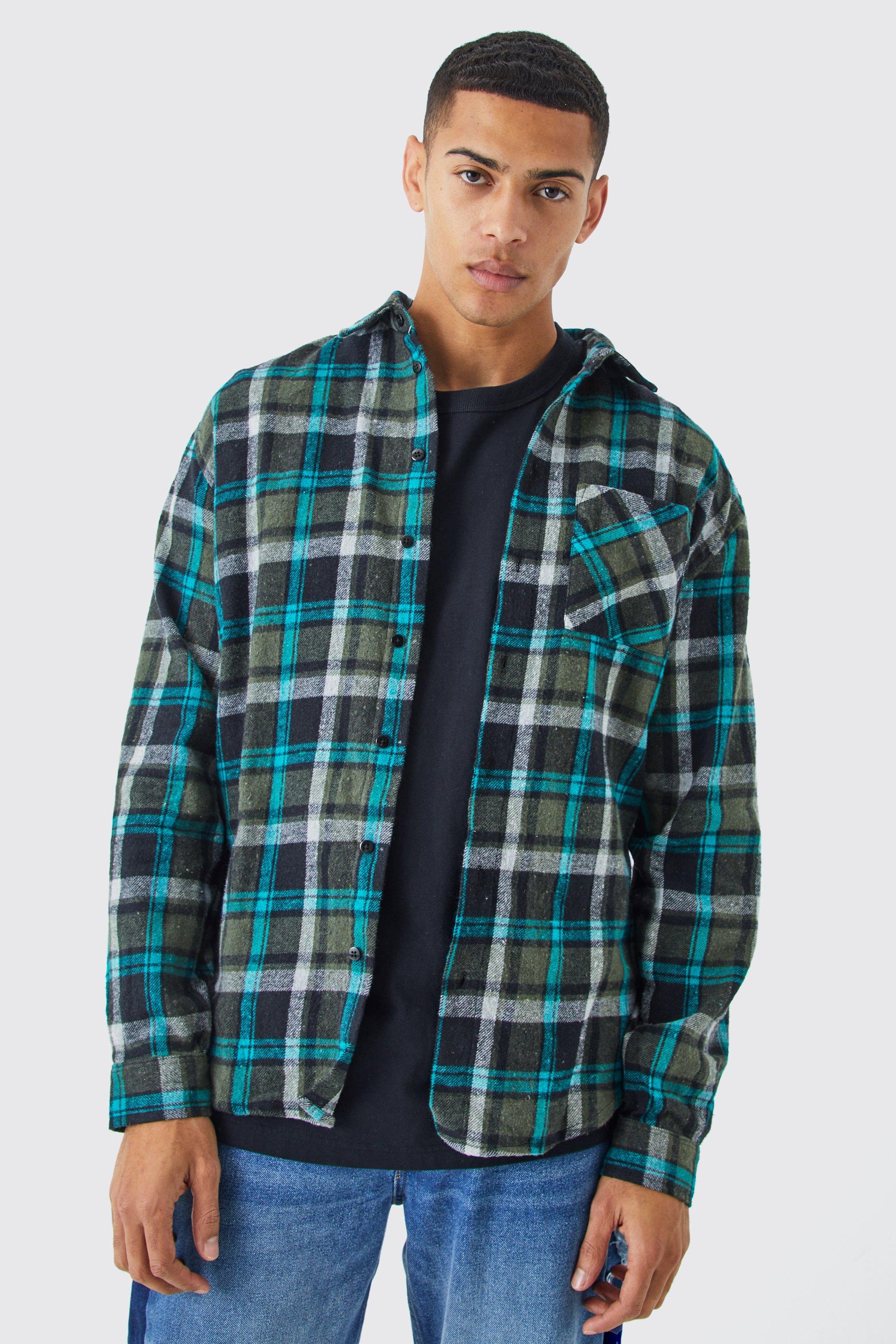 Mens Green Heavy Weight Check Overshirt, Green