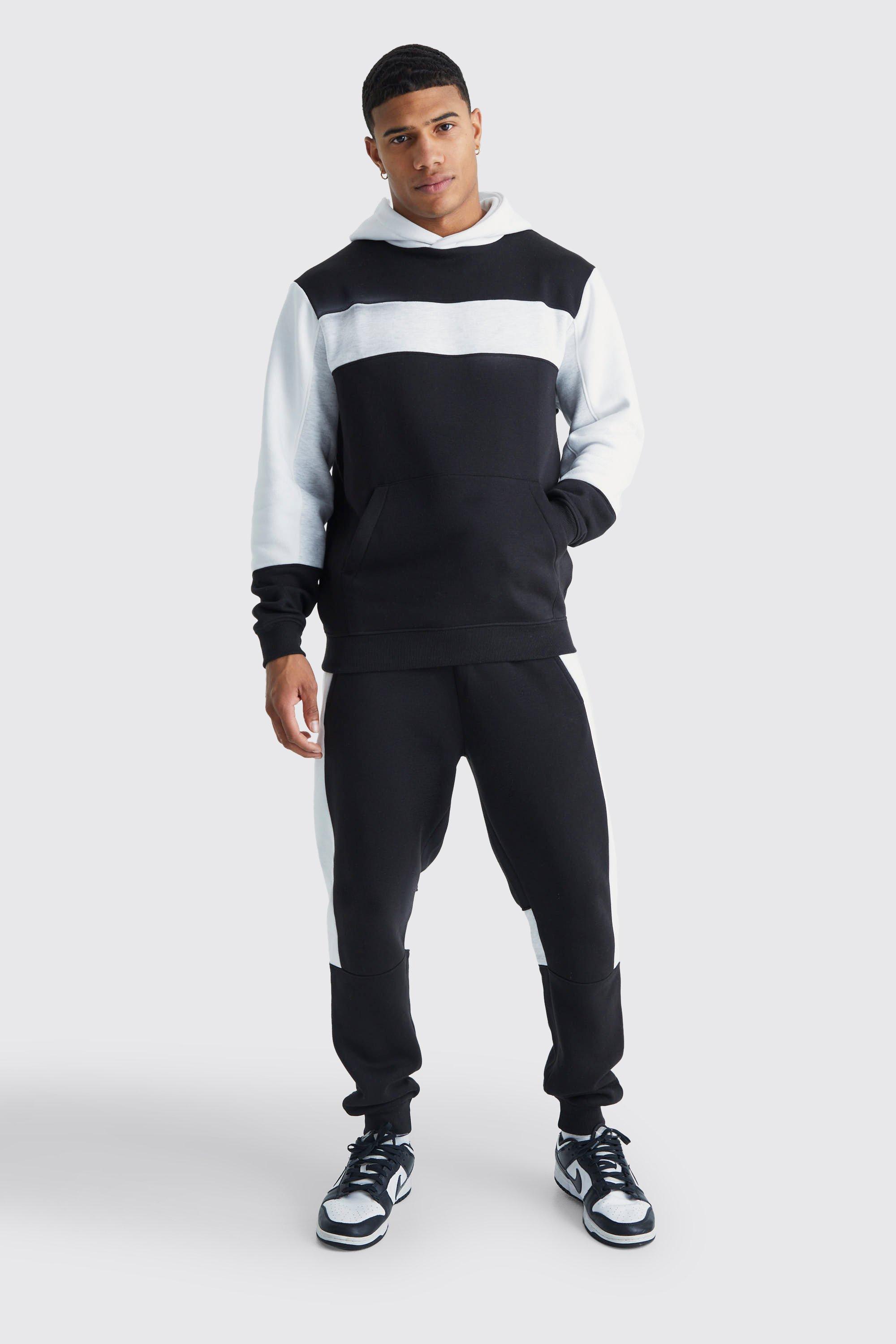 Mens Black Colour Block Panel Hooded Tracksuit, Black