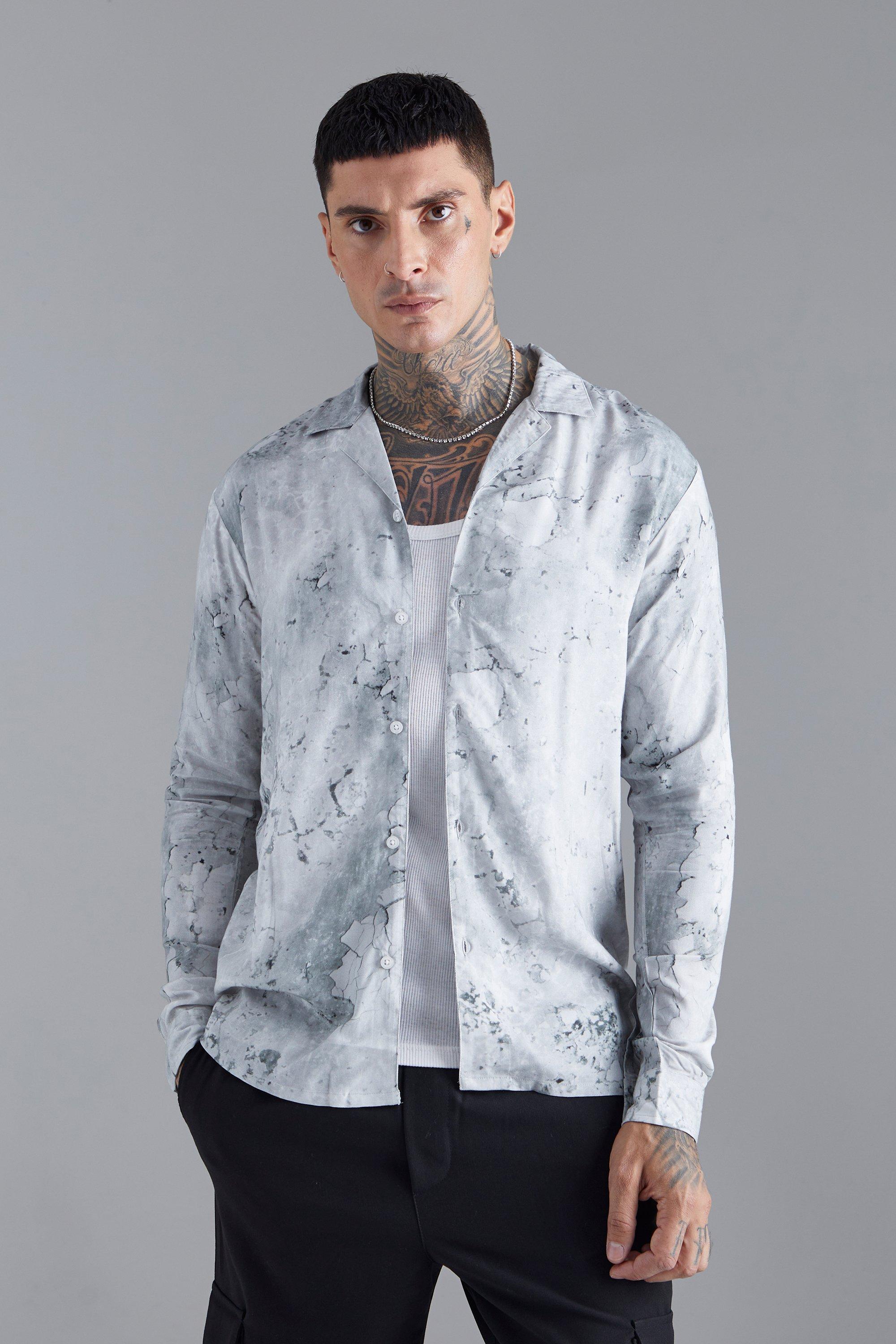 Mens Grey Long Sleeve Viscose Abstract Print Shirt, Grey