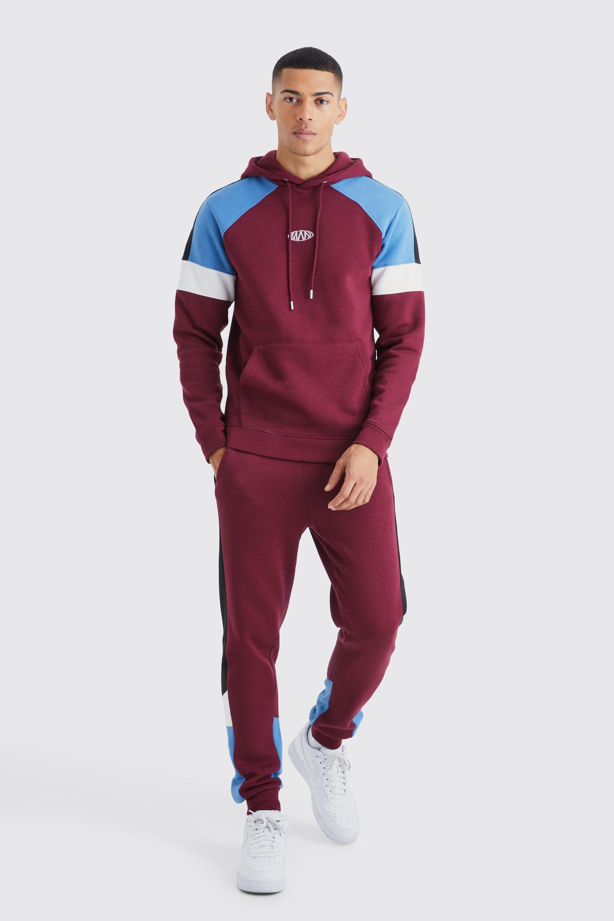 Mens Red Man Slim Fit Colour Block Hooded Tracksuit, Red