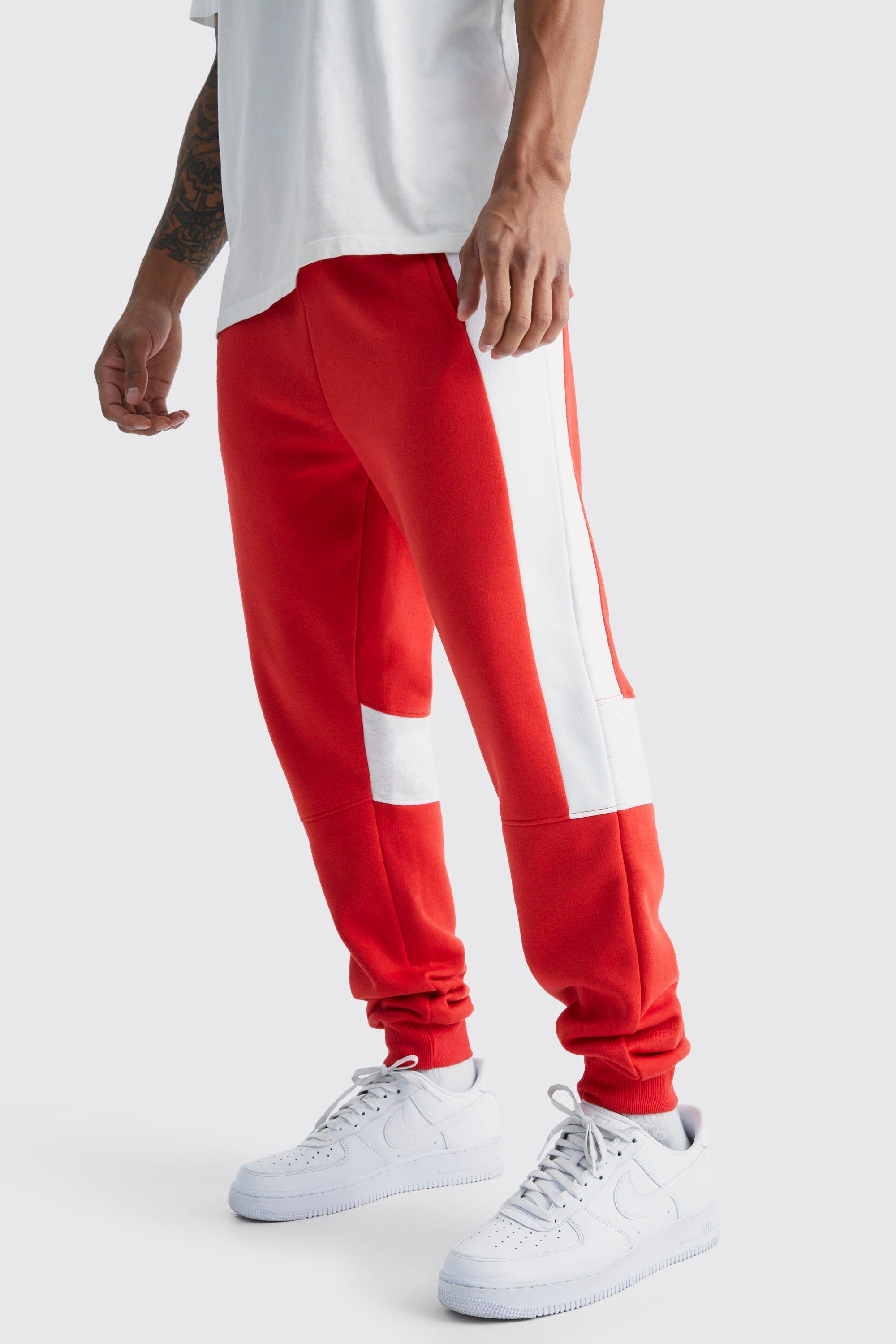 Mens Red Slim Fit Colour Block Panel Jogger, Red