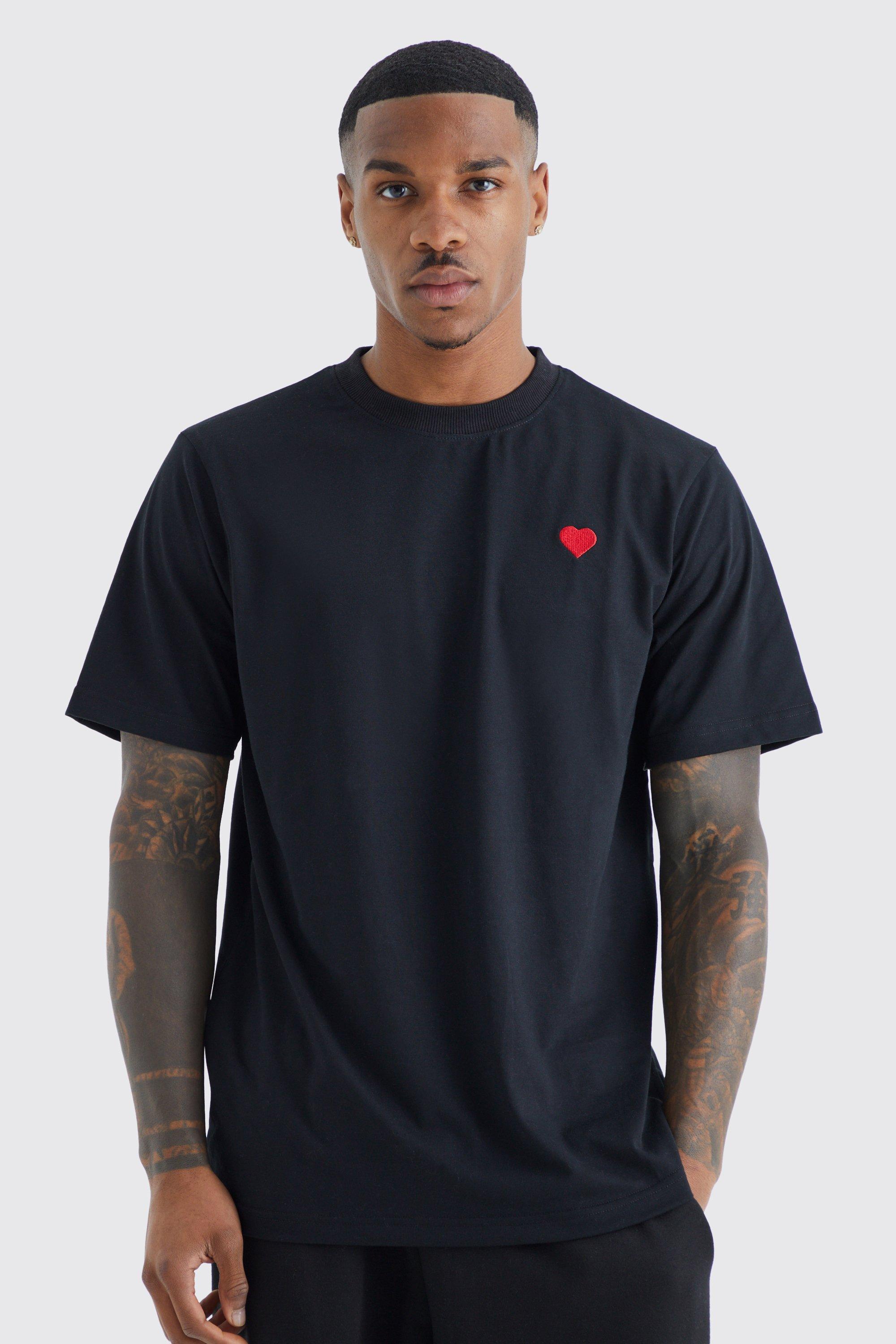 Mens Black Heart Embroidered T-shirt, Black
