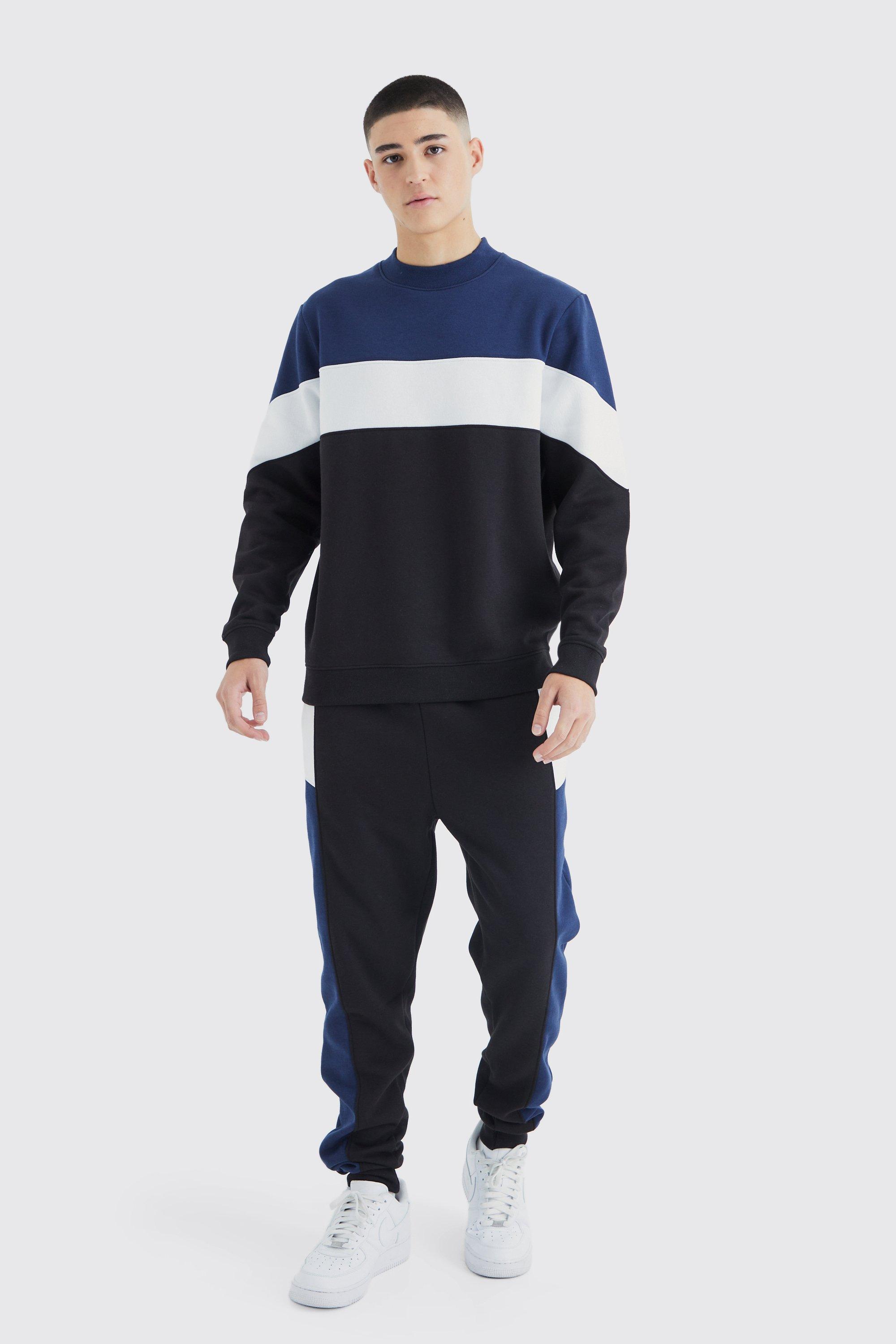 Mens Navy Colour Block Sweatshirt Tracksuit, Navy