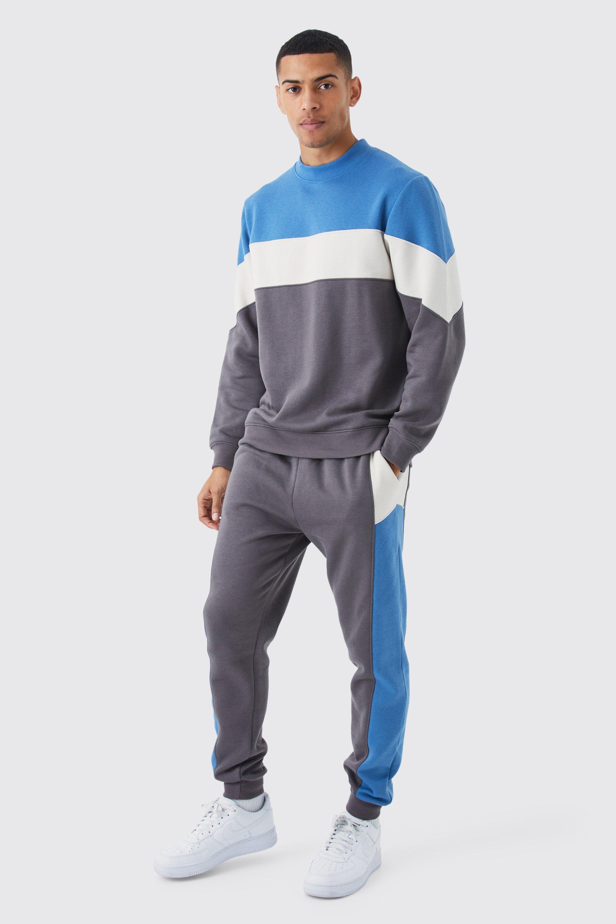 Mens Blue Colour Block Sweatshirt Tracksuit, Blue