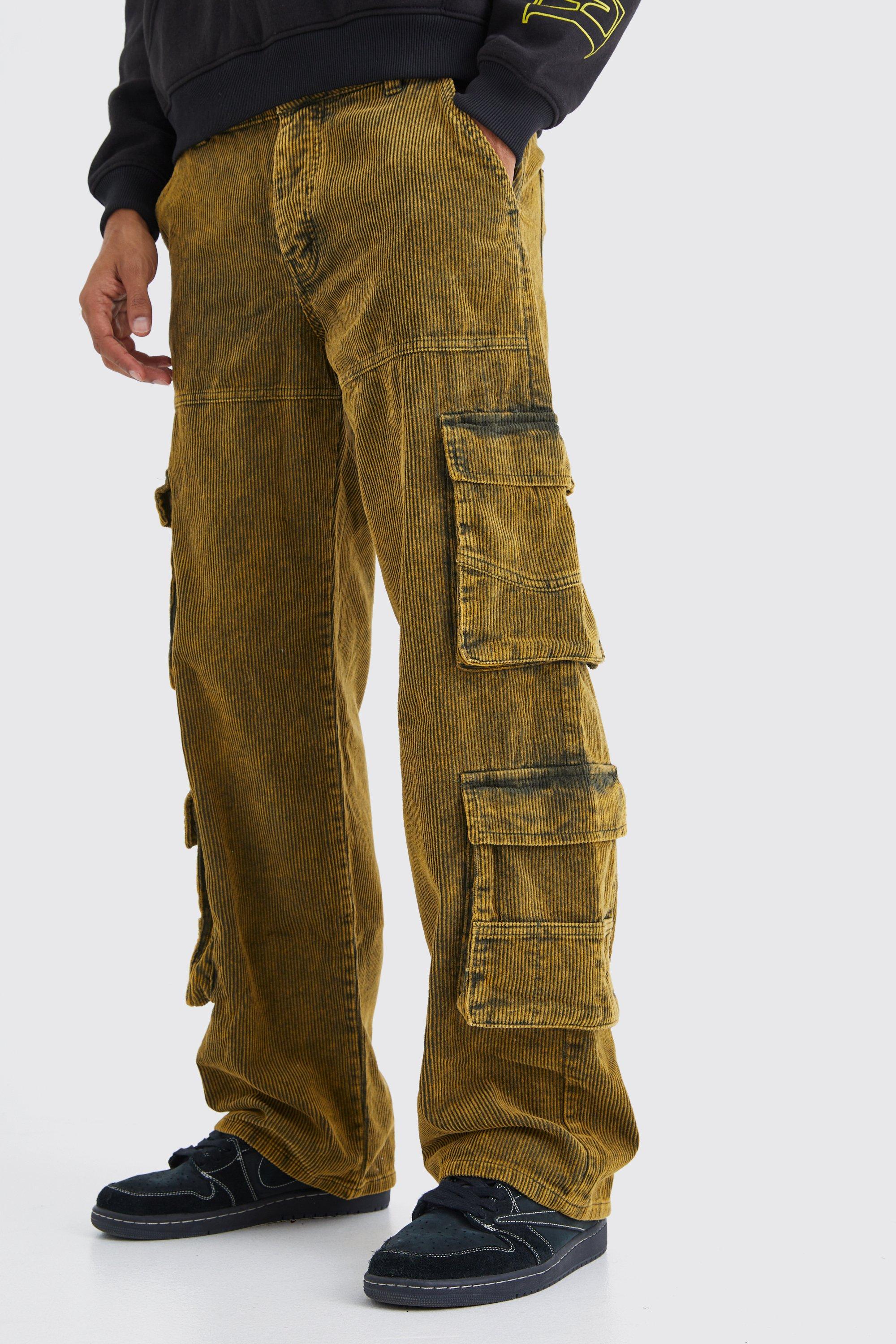 Image of Pantaloni Cargo extra comodi in velluto a coste in lavaggio acido con tasche, Verde