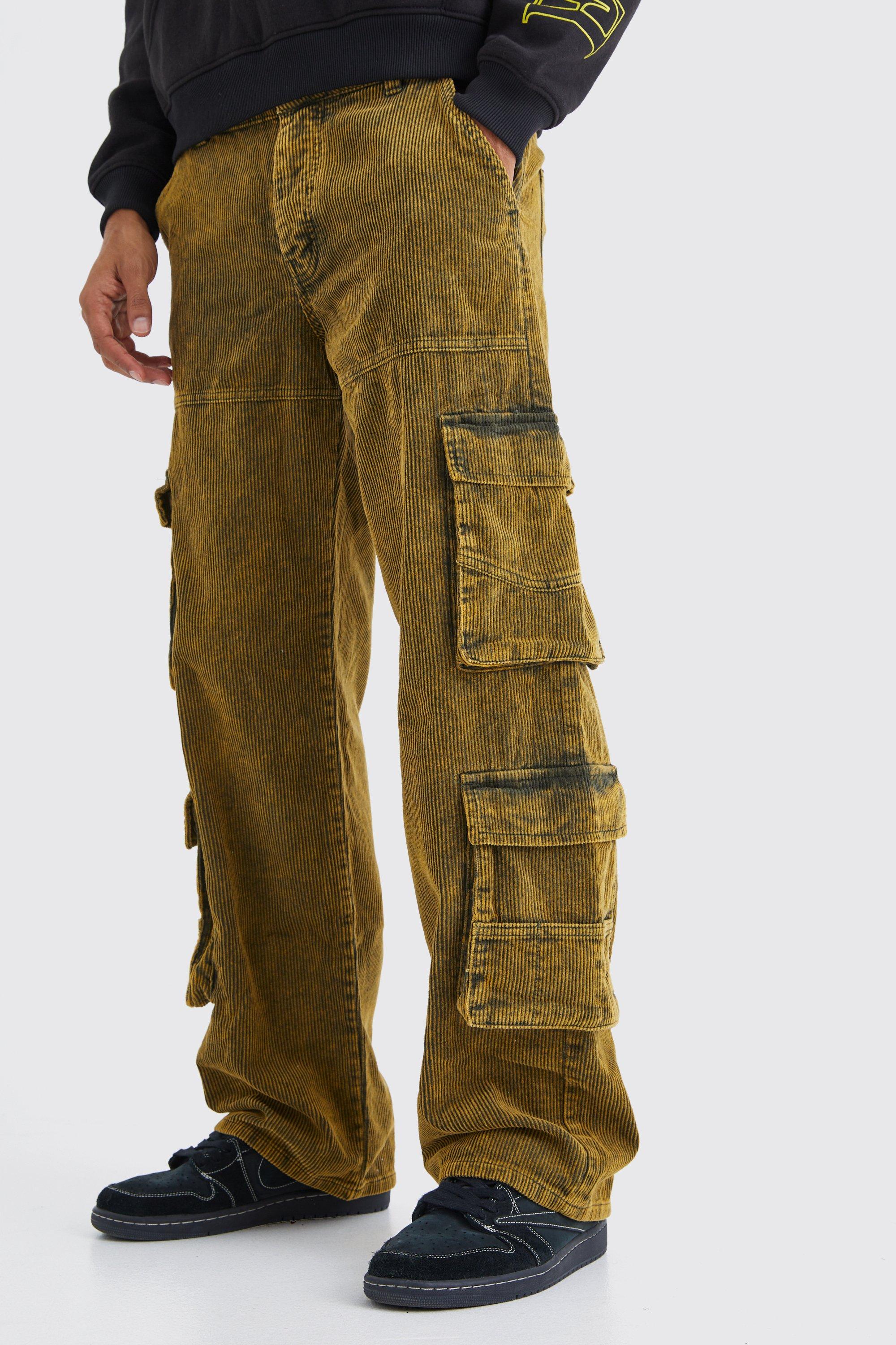 Mens Green Baggy Multi Pocket Acid Wash Corduroy Cargo Trouser, Green