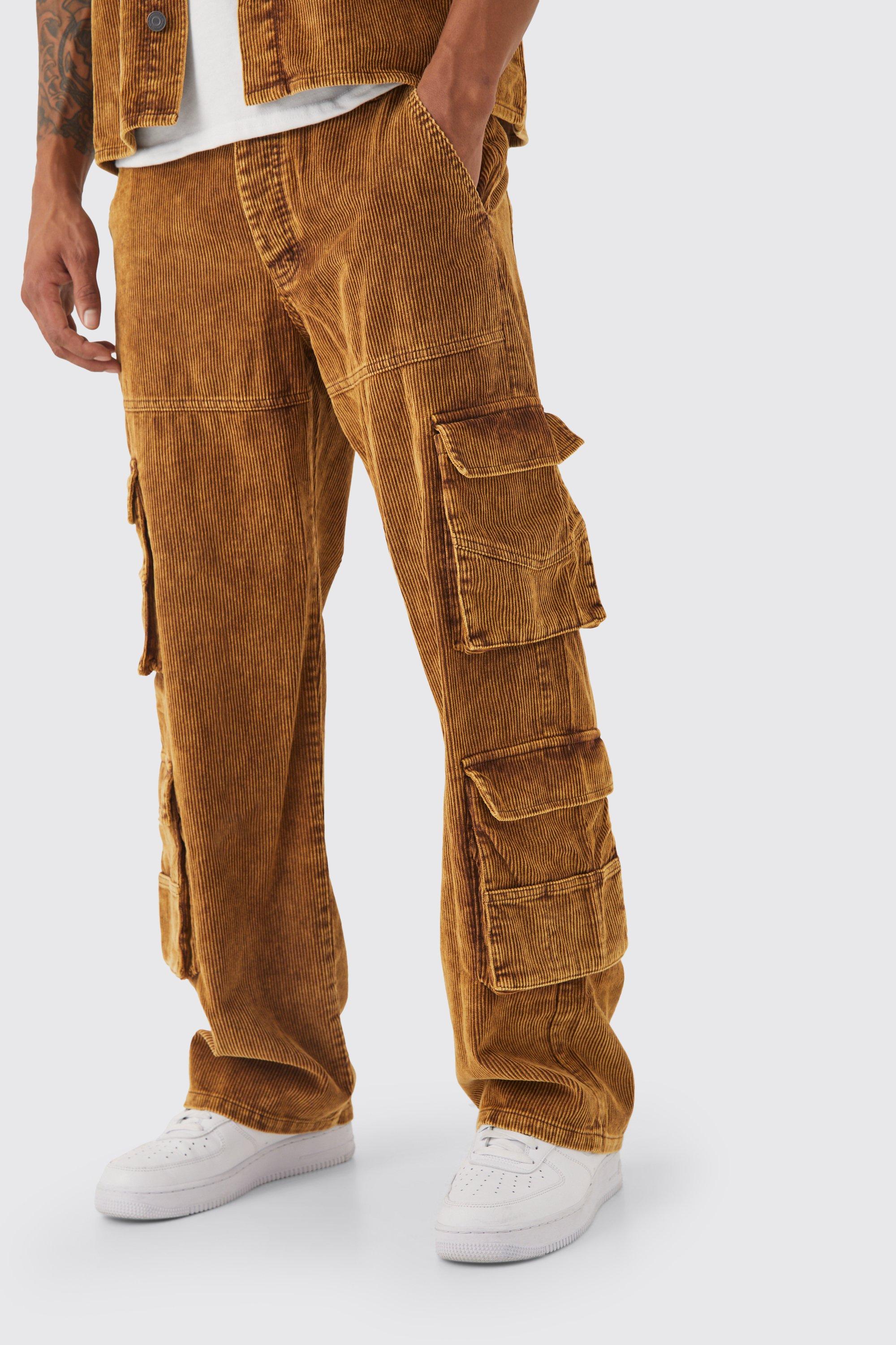 Mens Brown Baggy Multi Pocket Acid Wash Cord Cargo Trouser, Brown