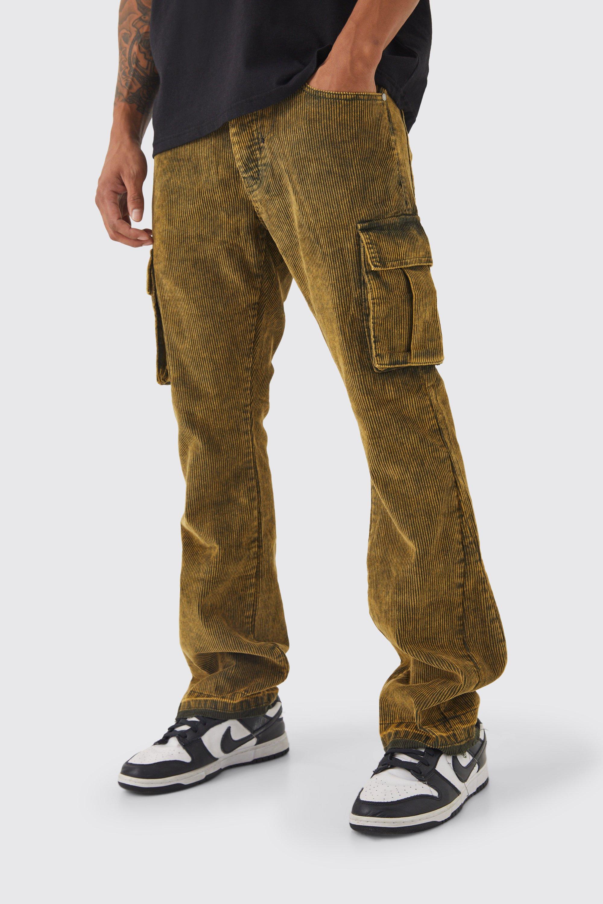 Image of Pantaloni Cargo Slim Fit in velluto a coste in lavaggio acido, Verde