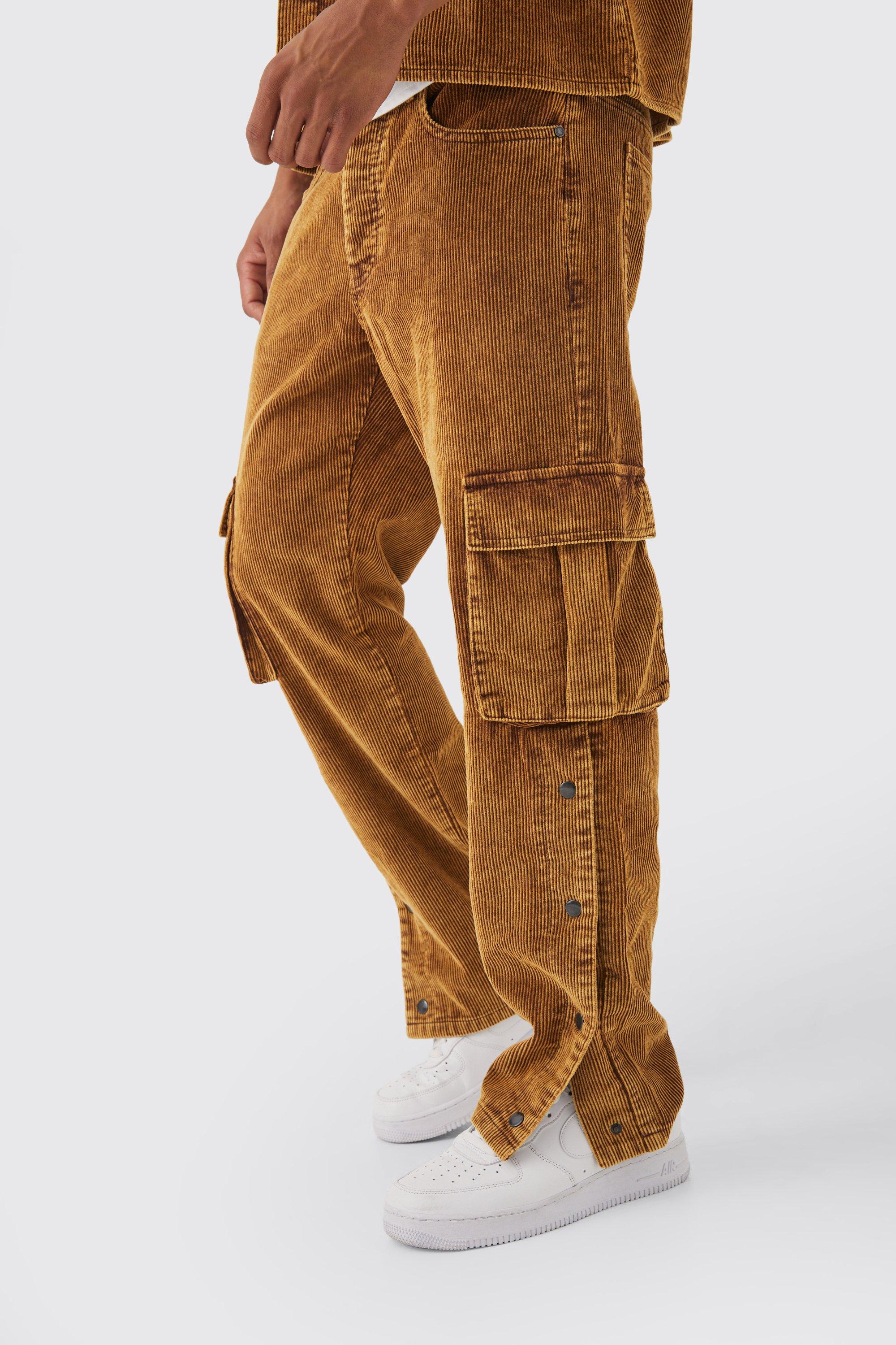 Mens Brown Relaxed Acid Wash Cord Cargo Popper Hem Trouser, Brown