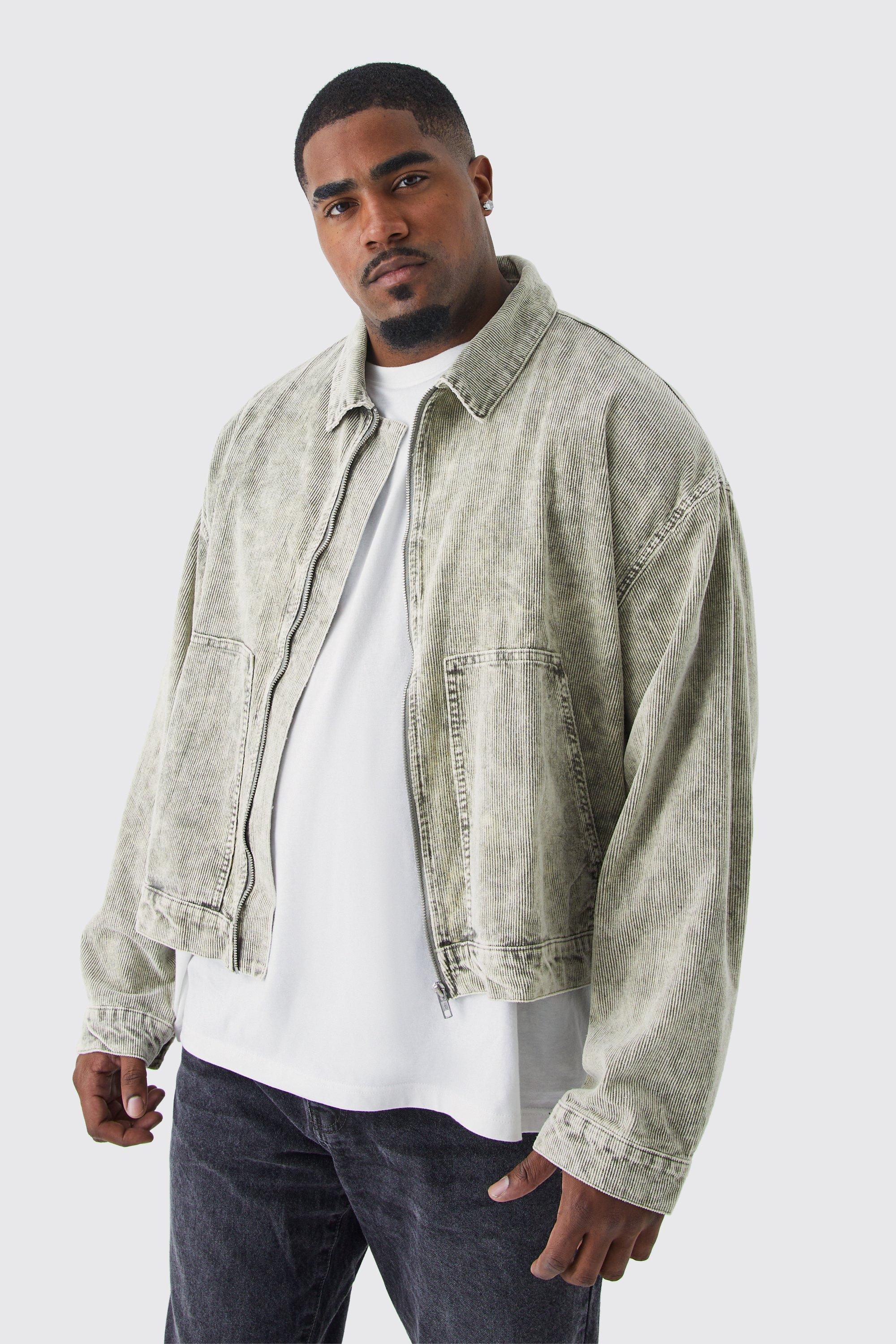 Mens Green Plus Boxy Acid Wash Cord Jacket, Green
