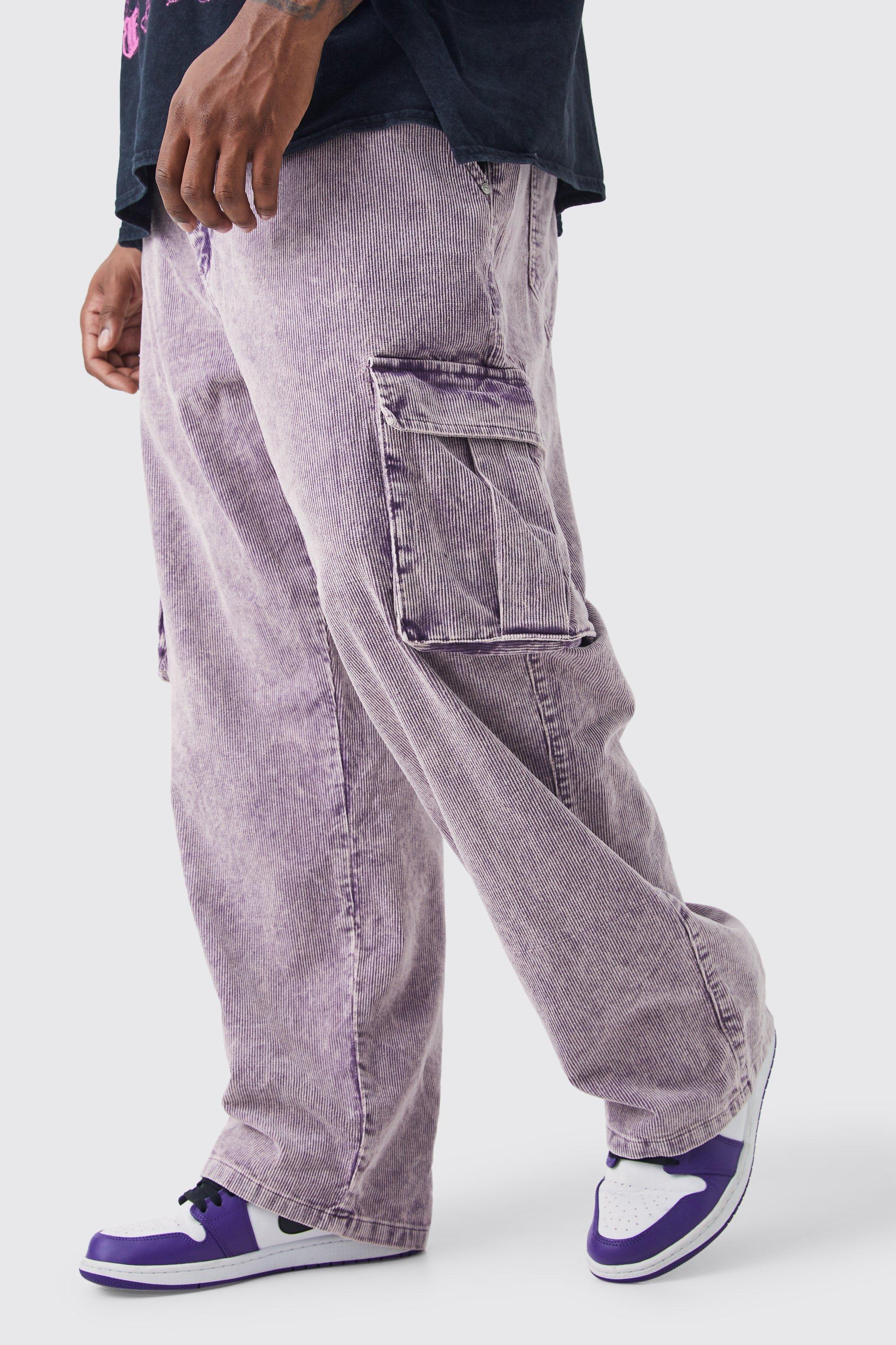 mens purple plus relaxed acid wash cord cargo trouser, purple