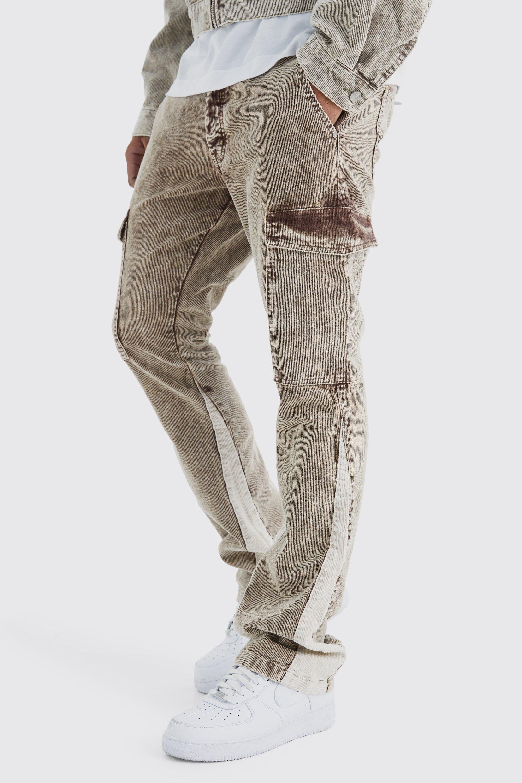 Mens Brown Slim Flare Gusset Corduroy Acid Wash Trouser, Brown