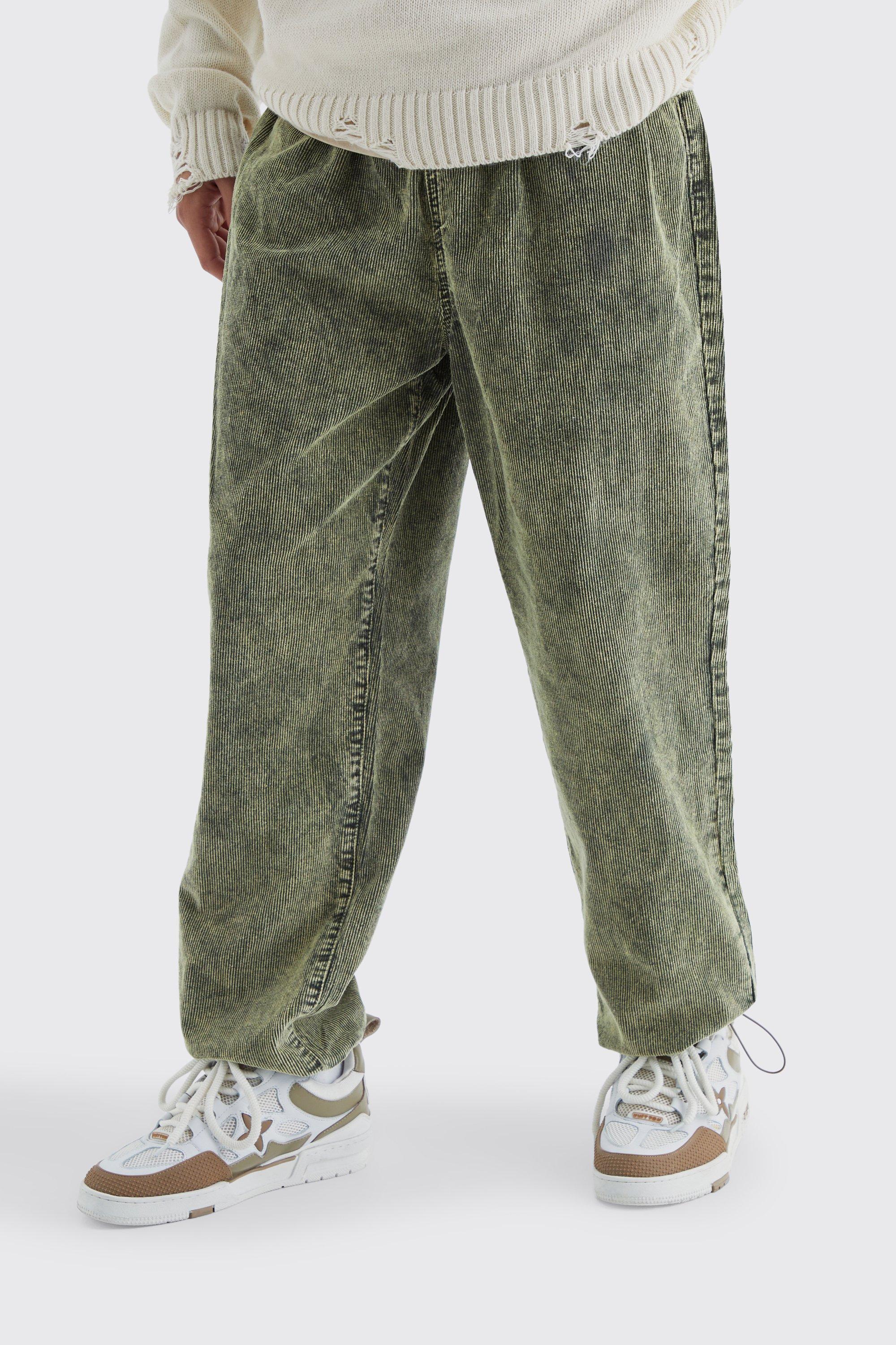 Mens Green Relaxed Acid Wash Corduroy Trouser, Green