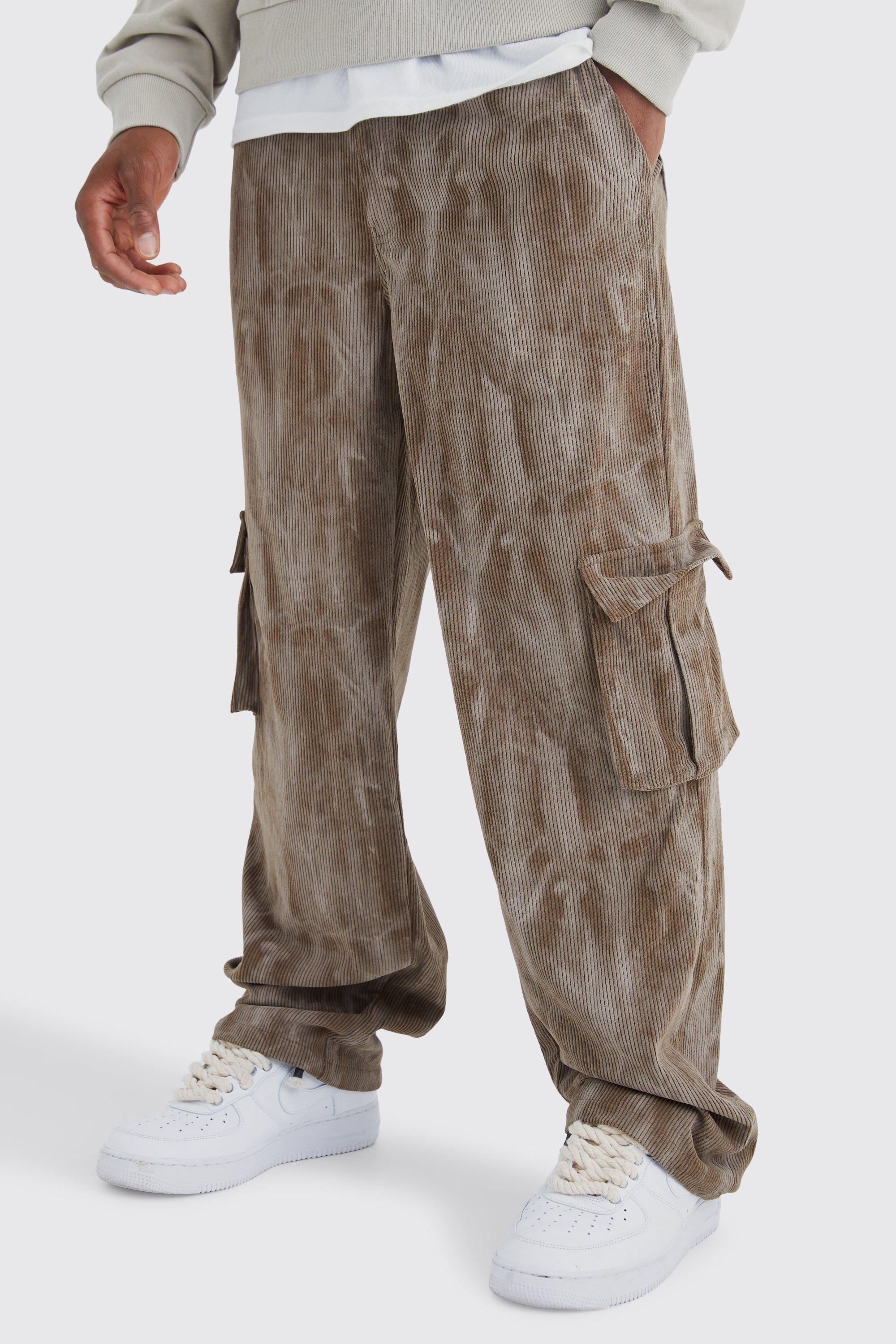 Mens Brown Fixed Waist Relaxed Tie Dye Cargo Corduroy Trouser, Brown