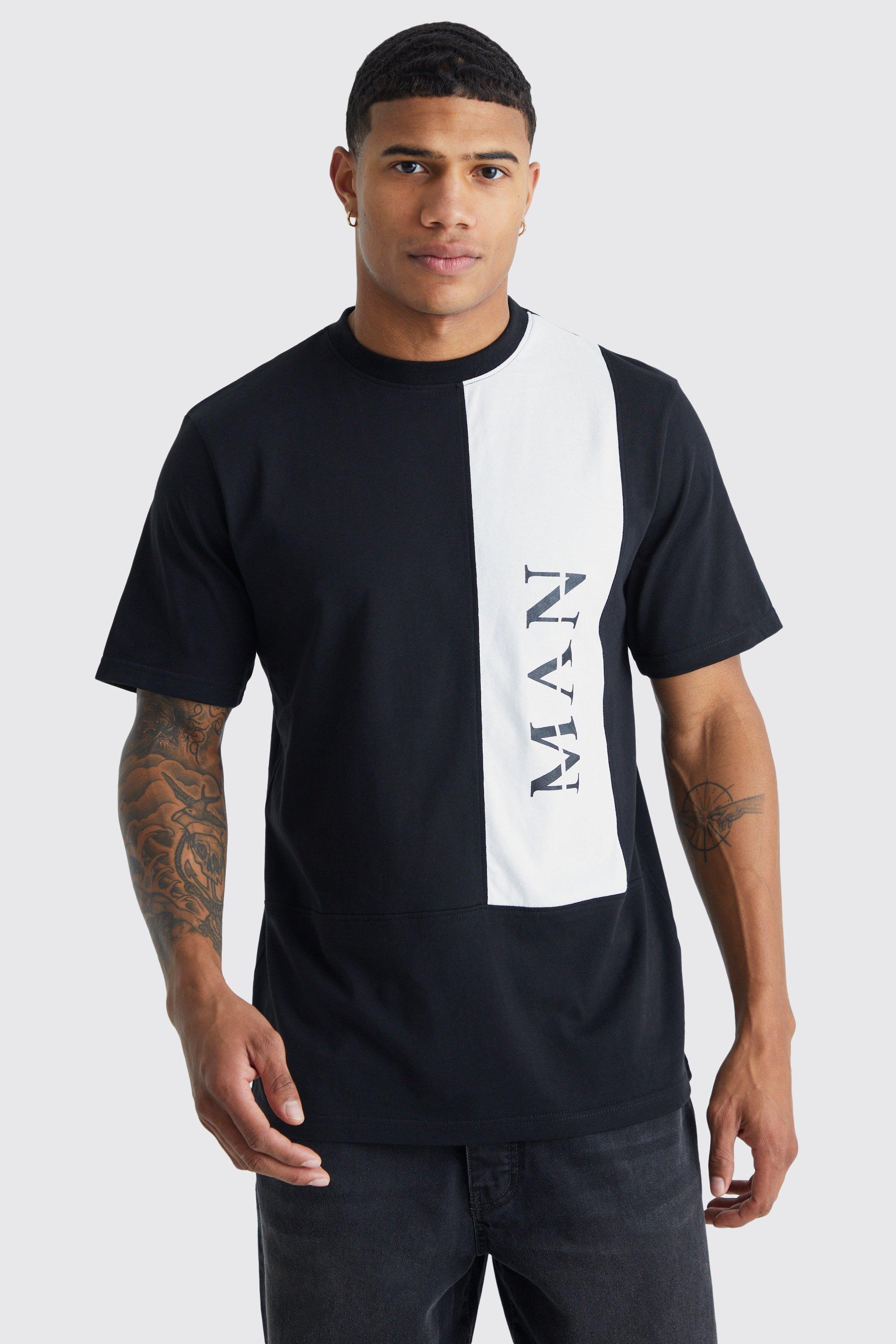 Image of T-shirt Man a blocchi di colore con caratteri romani, Nero