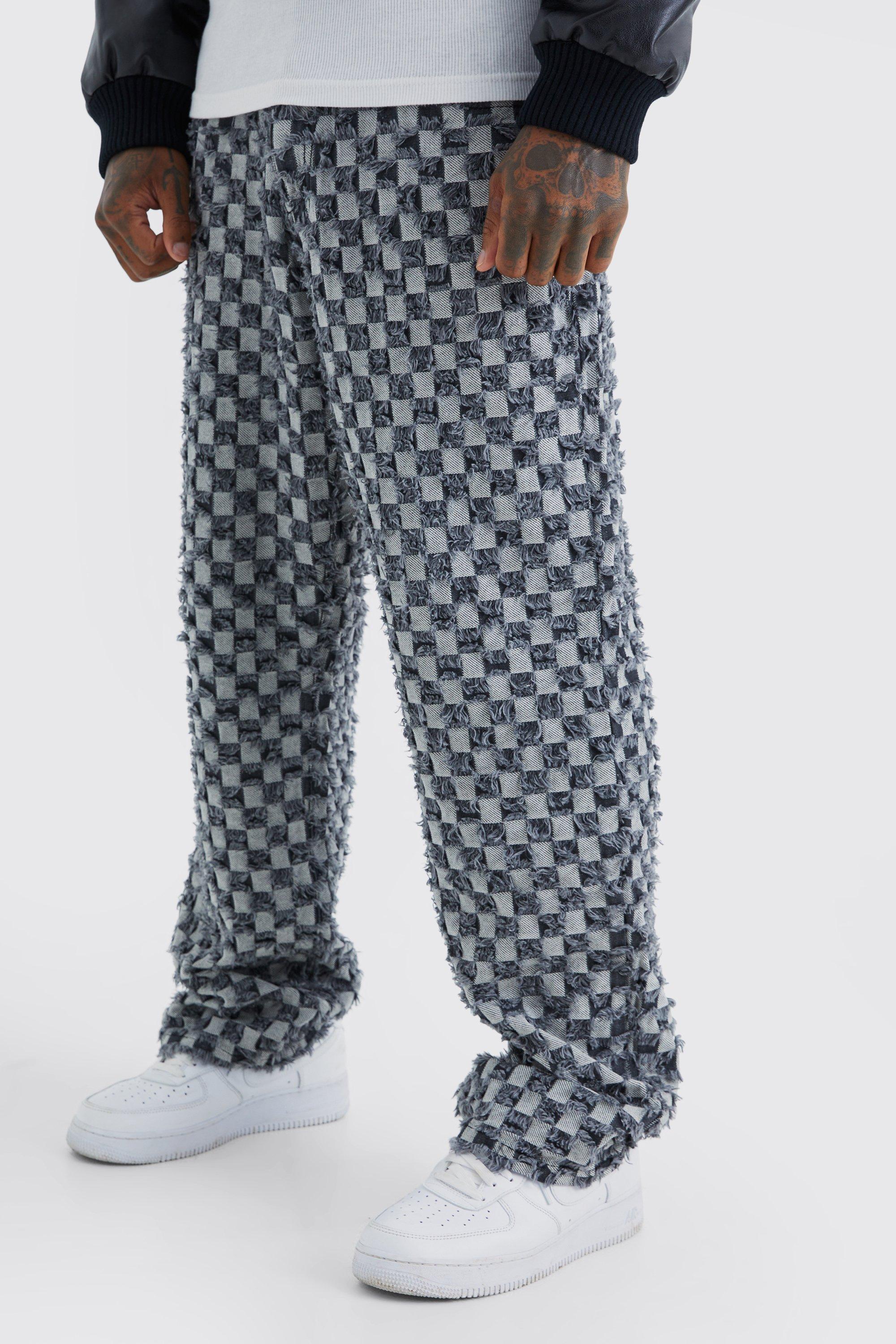 Mens Grey Fixed Waist Relaxed Checked Tapestry Trouser, Grey