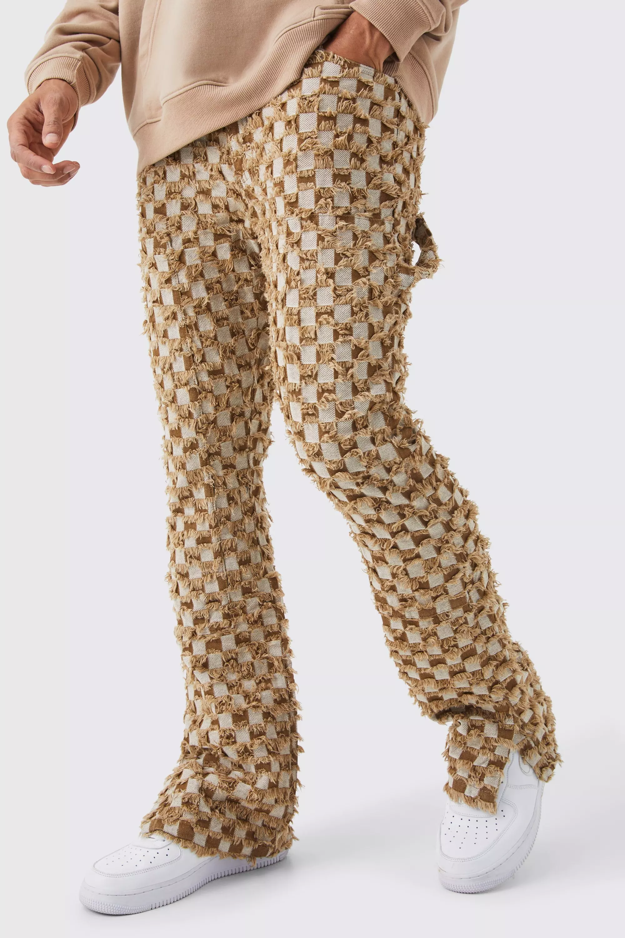 Mens Fixed Waist Slim Flare Flanneled Tapestry Popper Pants - Brown